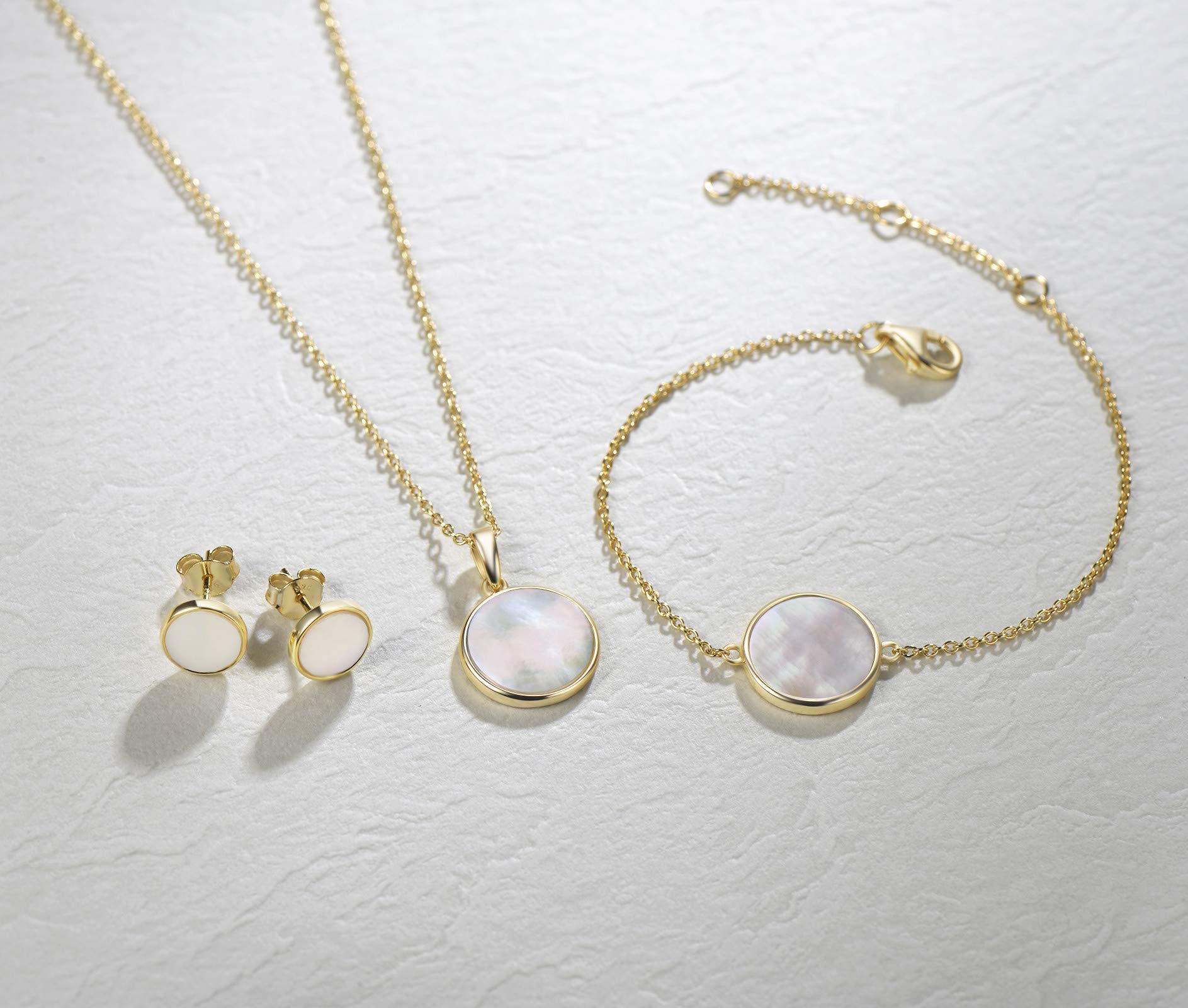 14K Solid Gold Coin Necklace & Bracelet Set for Women - Mother of Pearl, Abalone, Turquoise, Black Onyx, Opal Jewelry - Elegant Anniversary, Birthday Gifts for Wife, Mom, Her - Perfect for Weddings, Parties, Special Occasions