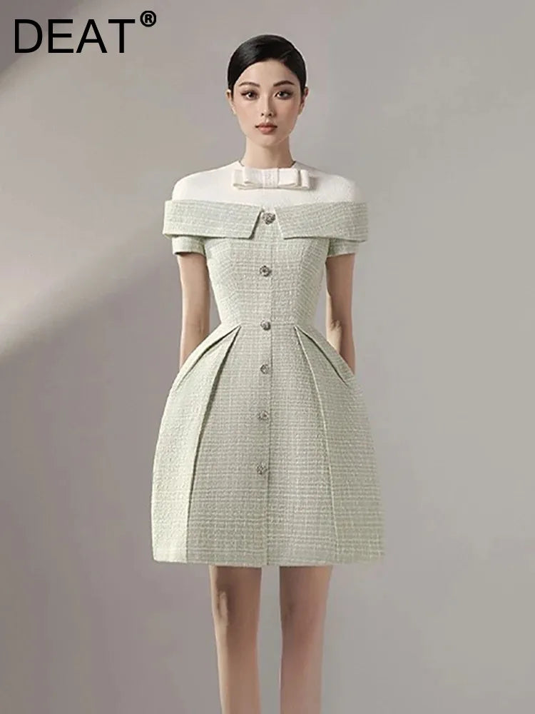 DEAT Women's Patchwork Tweed Dress - Fashion Contrast Color Single Breasted High Waist Elegant Dress for Women | Perfect for Office Wear, Cocktail Parties & Special Occasions