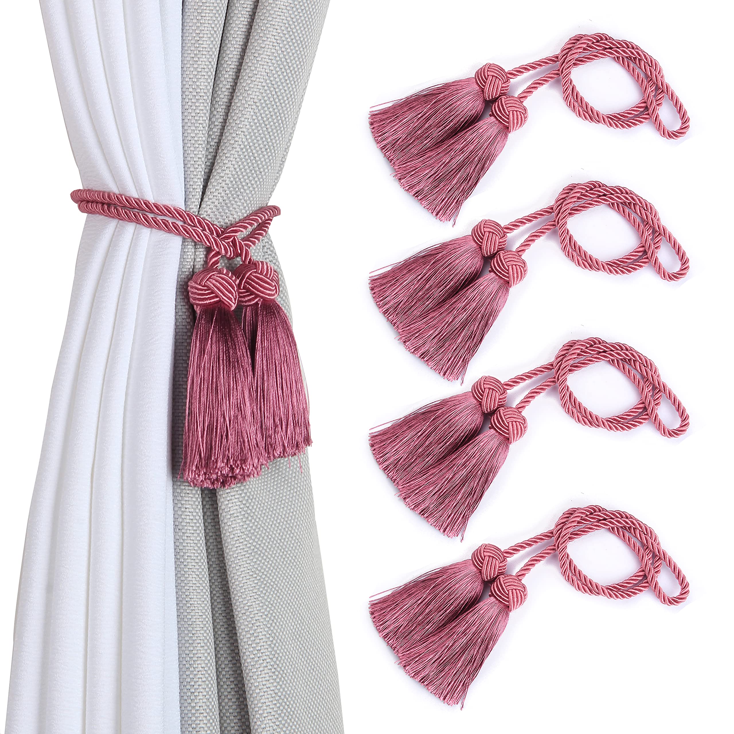 BEL AVENIR 4 Pack Handmade Tassel Curtain Tiebacks - Decorative Rubber Pink Curtain Holdbacks for Living Room, Bedroom & Window Dressing