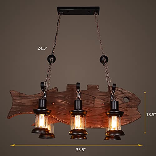 LITFAD 6-Light Wooden Fish Shaped Pendant Chandelier - Industrial Retro Coastal Style with Lantern Shade for Dining Room, Restaurant, Bar & Kitchen Island Lighting | Perfect for Coastal Decor, Farmhouse Dining, and Commercial Spaces