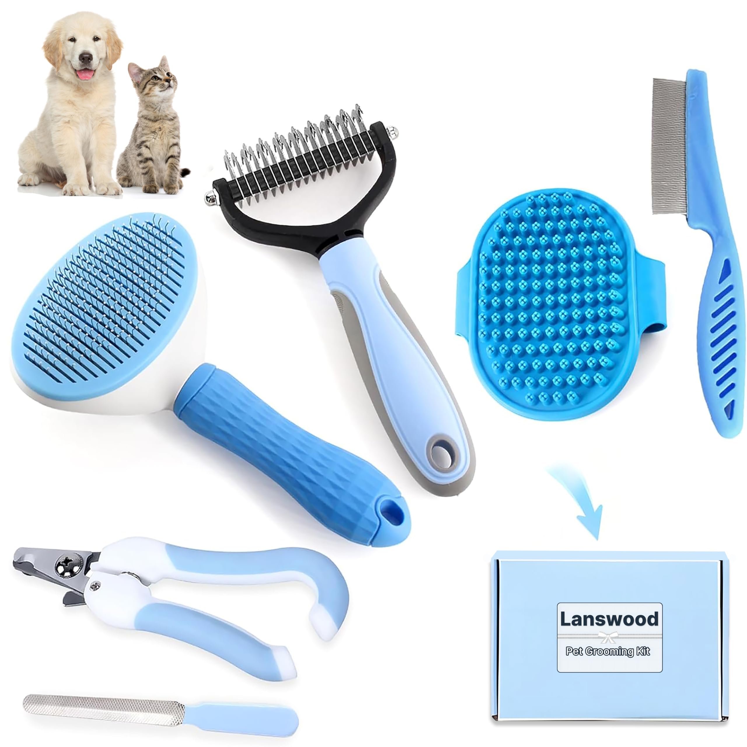 Premium 6-Piece Dog Grooming Kit - Shedding Brush, Dematting Comb, Nail Clipper with File, Flea Comb & Bath Brush for Dogs & Cats | Blue Pet Care Set for Home Grooming & Shed Control
