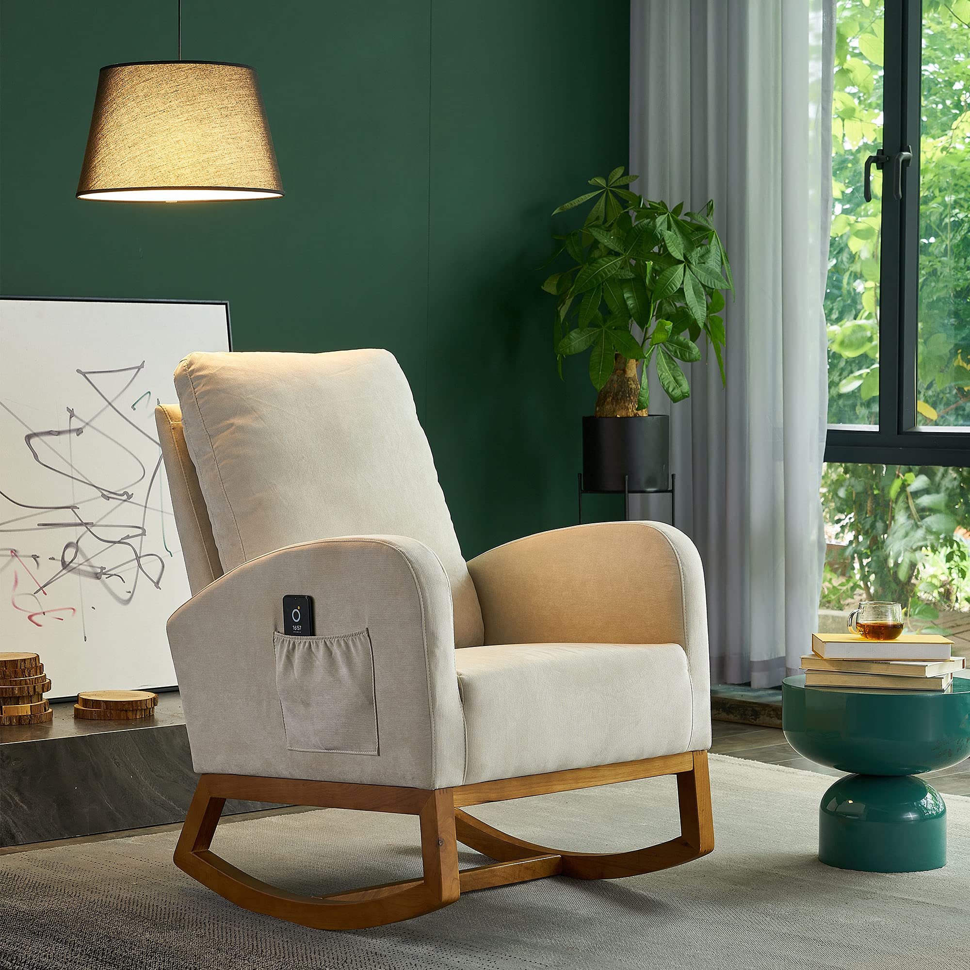 Comfortable Upholstered Rocking Chair with Wooden Padded Seat & Side Pockets - Mid Century Modern Nursery Rocker for Living Room, Bedroom, Nursery - Beige Fabric Accent Armchair | Perfect for Nursing, Reading & Relaxing