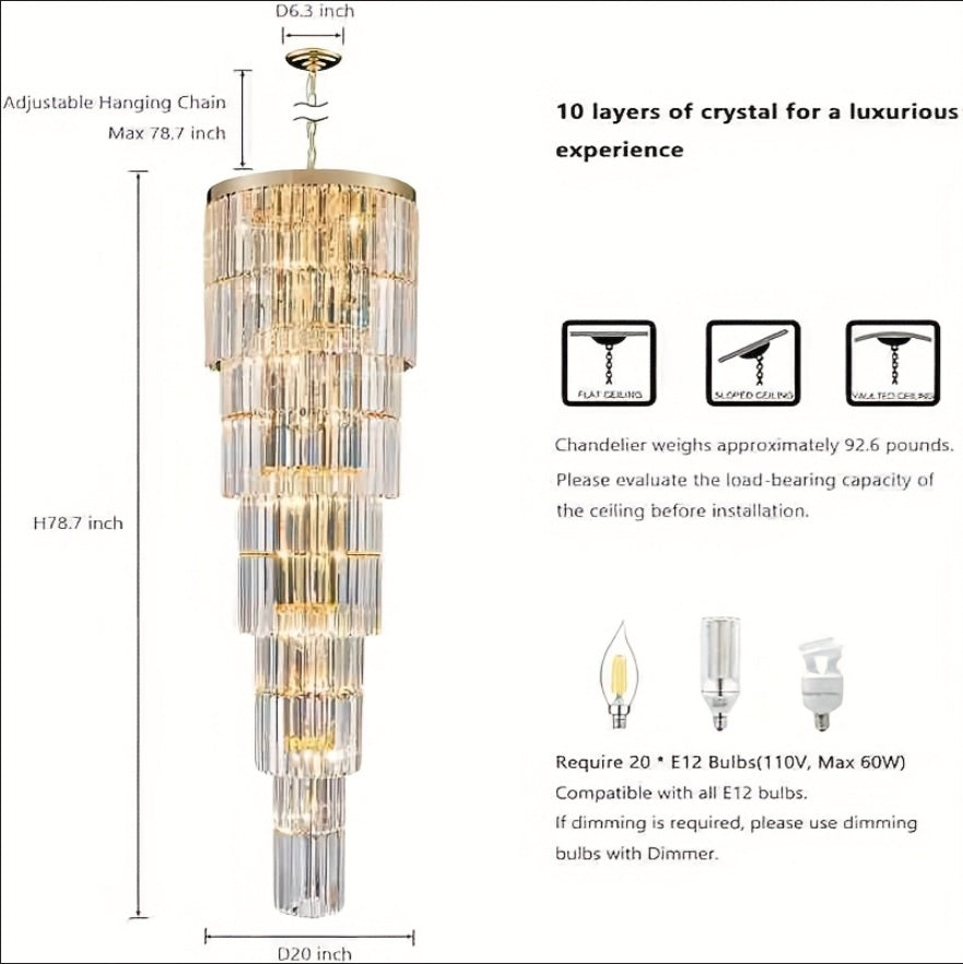 Oly Crystal Staircase Chandelier - Elegant Modern Lighting Fixture for Foyer, Stairwell & Grand Entryway | Dimmable LED Chandelier for Home & Hotel Decor