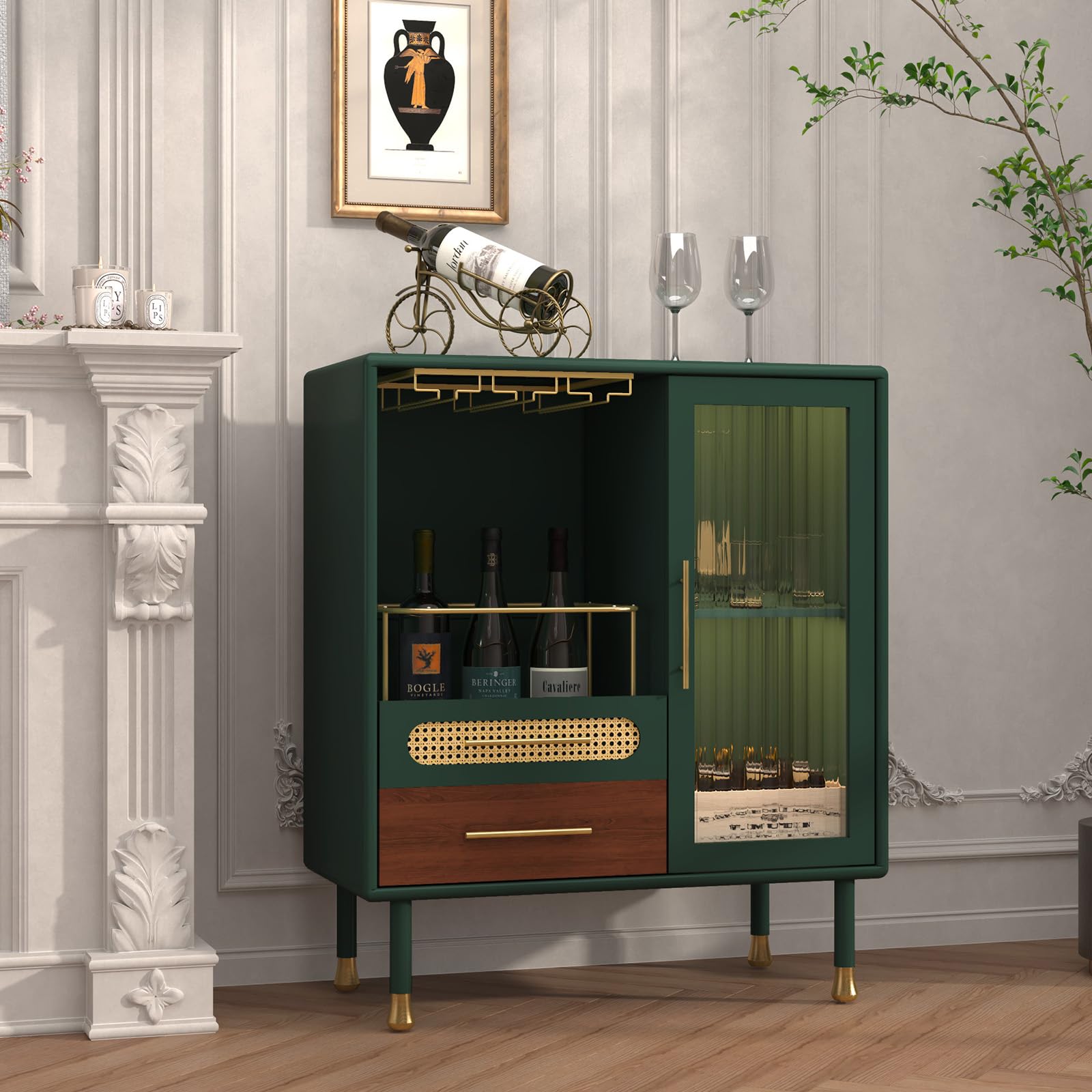 Modern Coffee Bar Cabinet with Wine Glass Rack & Storage Drawers - Green Kitchen Liquor Cabinet with Pull-Out Wine Rack for Dining Room, Living Room & Home Bar - Perfect for Entertaining Guests & Stylish Home Decor