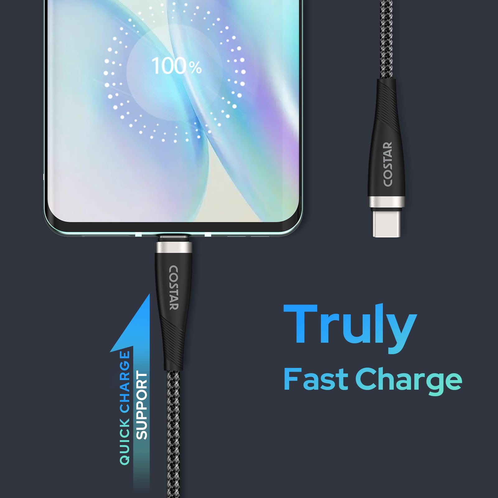 COSTAR 65W USB C to USB C Fast Charging Cable, PD & QC 3.0 Compatible with Samsung Galaxy, OnePlus, Laptop - 4.9ft Braided Nylon Cable for High-Speed Charging & Data Sync (480Mbps) - Perfect for Home, Office & Travel (Black)