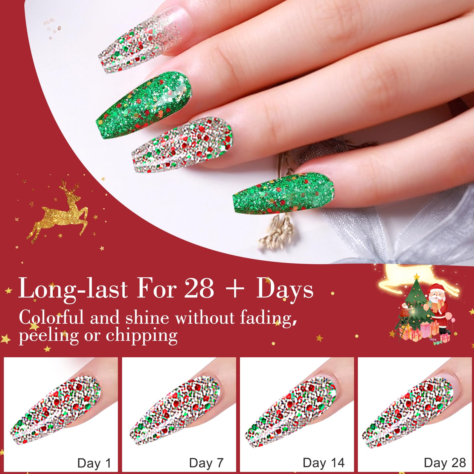 Professional Red & Green Christmas Glitter Acrylic Powder for Nail Extensions, French Nail Art, 3D Flowers & Nail Carving - 60g (YSHUJF012) | Perfect for Holiday Parties, Bridal Nails & DIY Manicures