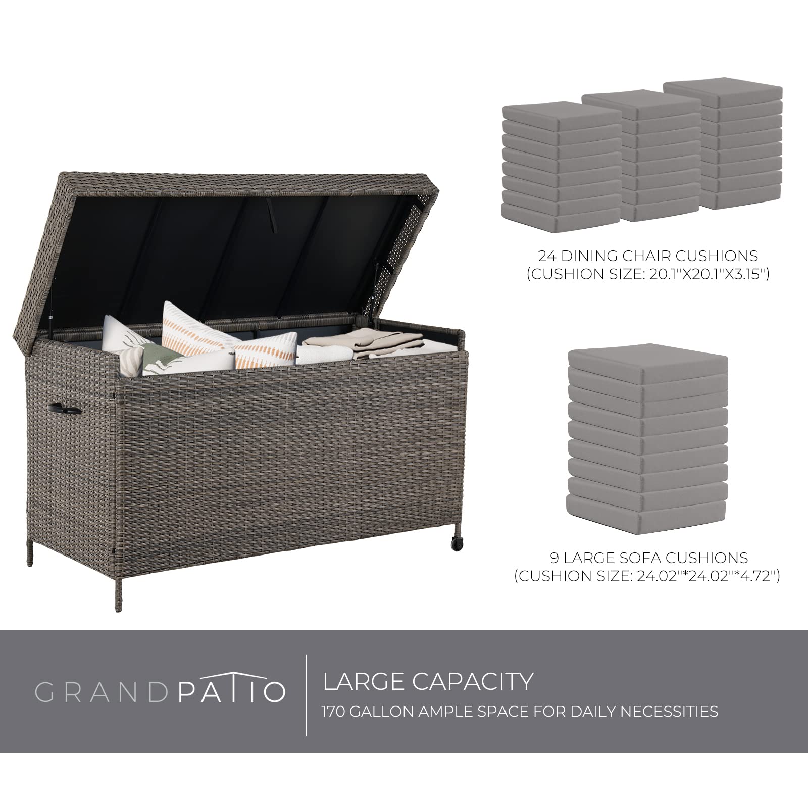 170 Gallon Wicker Deck Storage Box - Outdoor & Indoor Patio Furniture Cushion Organizer, Garden Tool & Pool Accessories Storage Bin - Light Brown - Perfect for Backyard, Deck, Poolside & Garage Organization