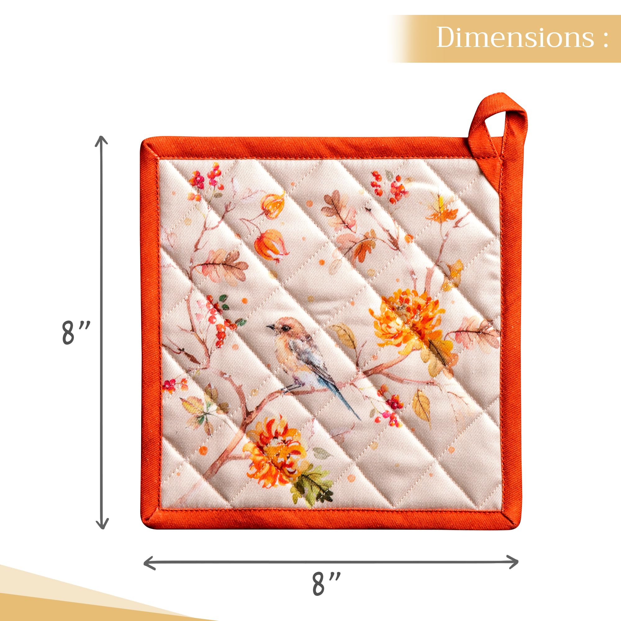 Hermine 100% Cotton Heat Resistant Pot Holder Set of 2 - 8x8 Inch Kitchen Hot Pads with Loop for Microwave, BBQ & Hot Pans (Kelim Prairie Design) - Perfect for Thanksgiving & Christmas Cooking, Baking and Holiday Entertaining