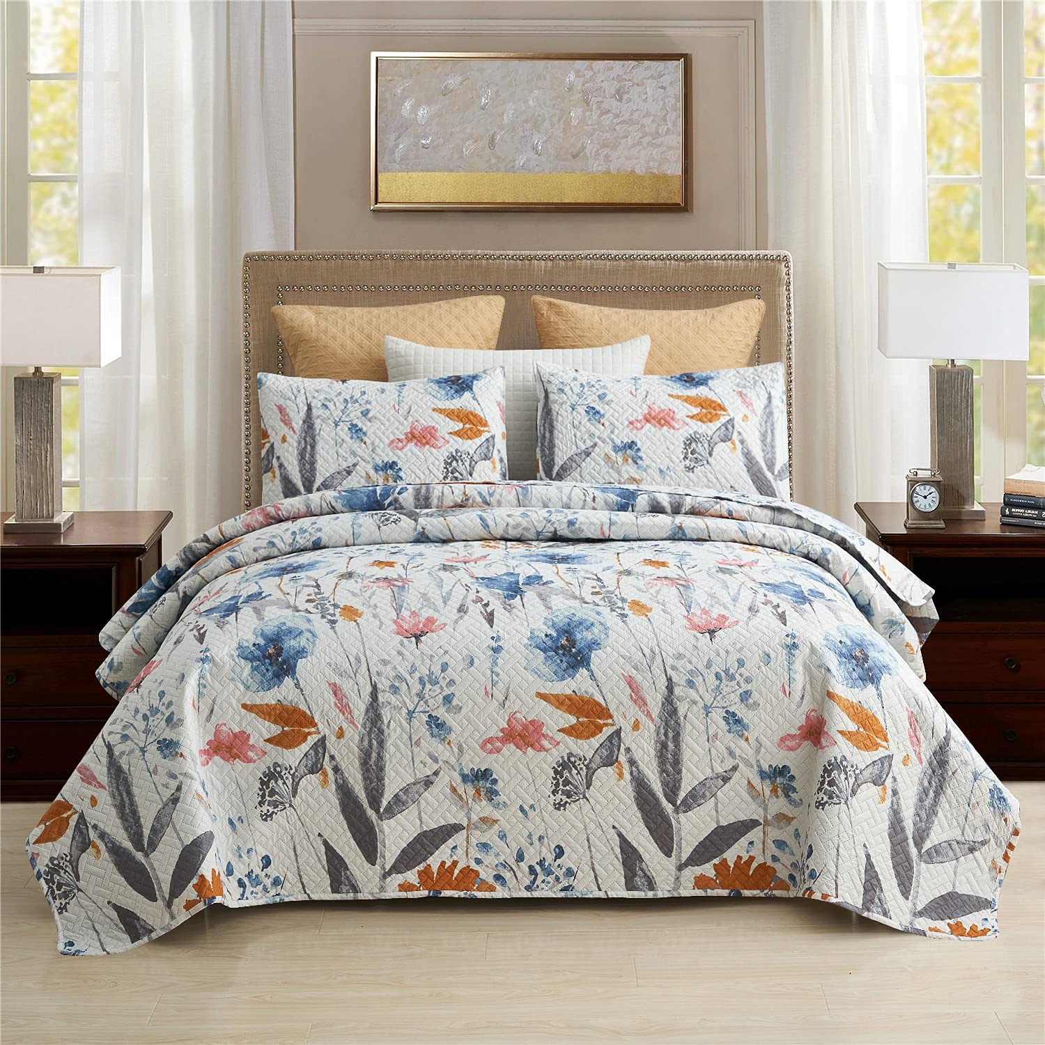 MERRY HOME Queen Size 3-Piece Quilt Set with 2 Pillow Shams - Reversible Bohemian Style Lightweight Bedspread Coverlet | Soft Quilted Bedding for Guest Room, Master Bedroom & Cozy Home Decor