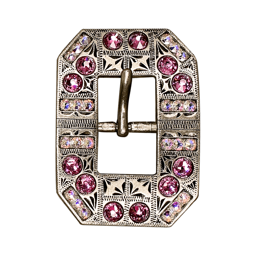 Antique Silver European Crystal Square Cart Buckle with Pink & AB Finish - Elegant Belt Accessory for Women's Fashion, Vintage Style, and Formal Occasions