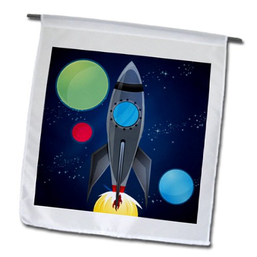 3D Rose Boys Rocket Ship with Planets Design - Dark Blue Garden Flag 12x18 Inch | Outdoor Decoration for Yard, Patio & Garden