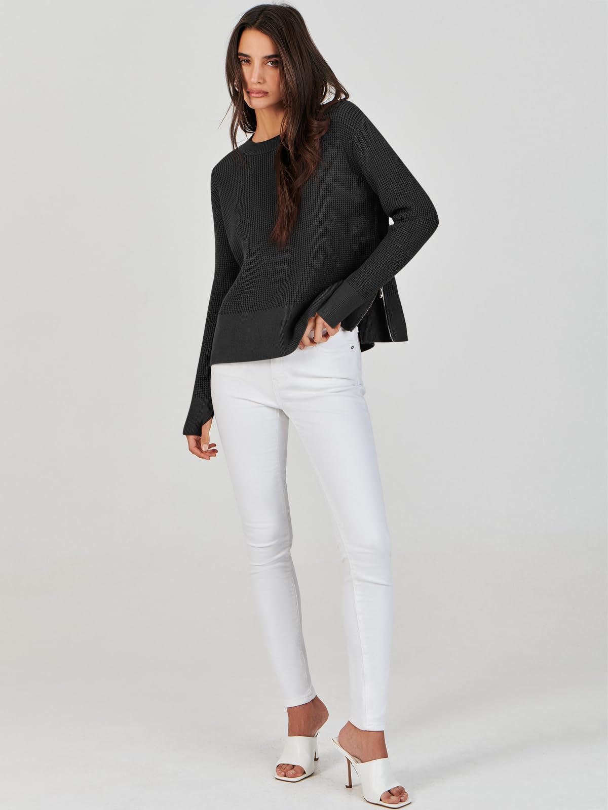 ANRABESS Women's Long Sleeve Waffle Knit Pullover Sweater with Side Zipper & Thumbholes | Casual Crewneck Top for Fall 2024 | Perfect for Autumn Layering, Coffee Dates & Weekend Outings