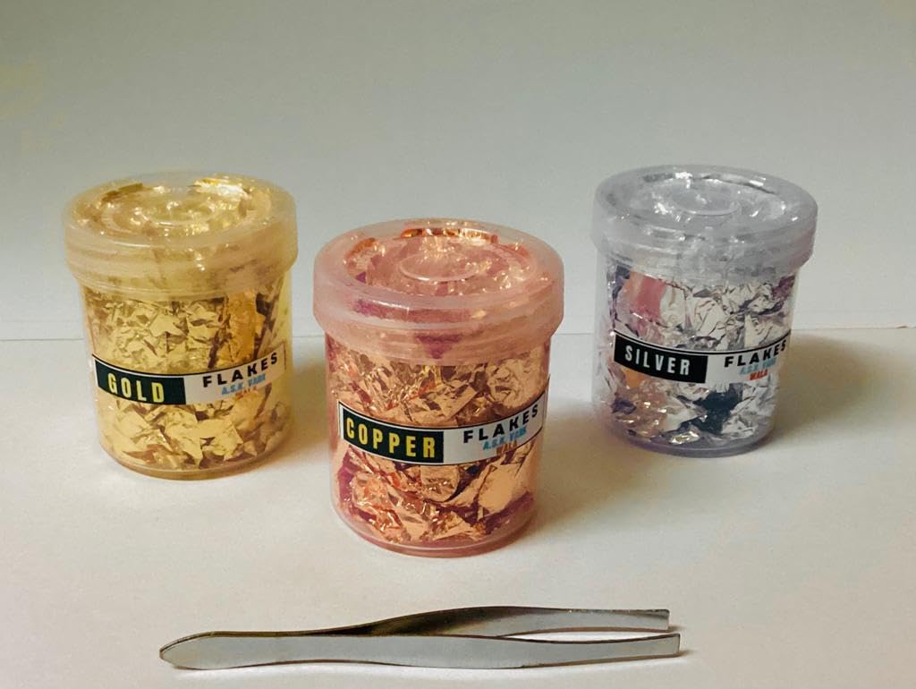 Premium Gold Leaf Flakes for Nail Art & DIY Crafts - 3 Bottles Kit (Gold, Silver, Copper) | Perfect for Epoxy Resin Jewelry, Nail Design, Slime Making & Metallic Gilding Projects