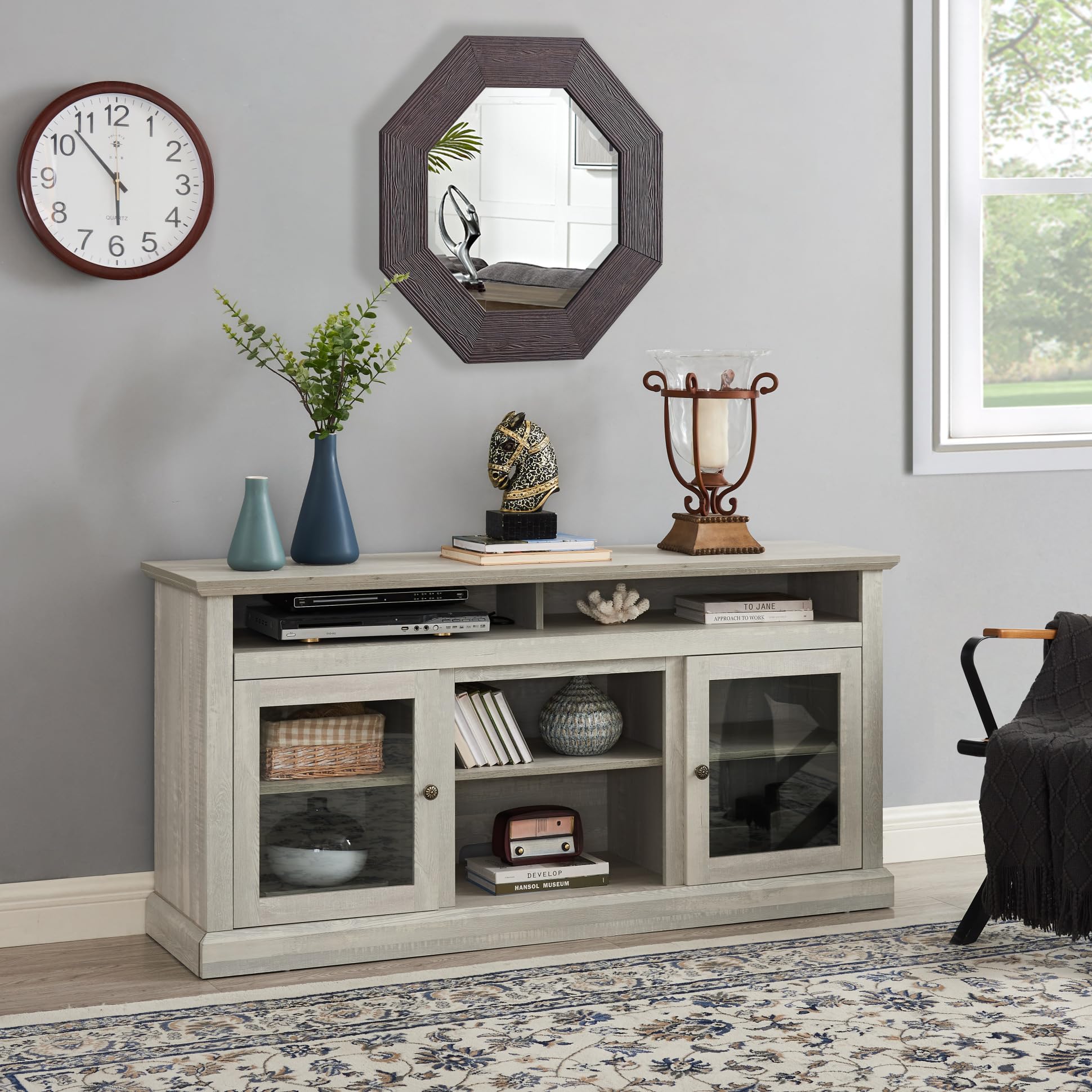 TRIPLE TREE Modern TV Stand for 65 Inch TVs - Contemporary Entertainment Center with Open & Closed Storage, Stone Gray TV Console for Living Room & Bedroom - Perfect for Home Theater Setup & Media Organization