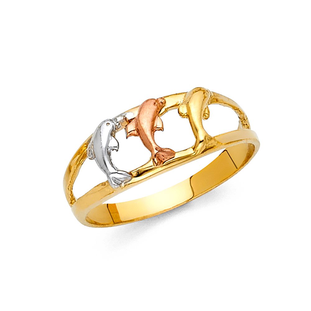 14K Yellow, White & Rose Gold Three-Tone Dolphin Ring for Women - Elegant Fashion Jewelry Gift for Anniversary, Birthday & Special Occasions