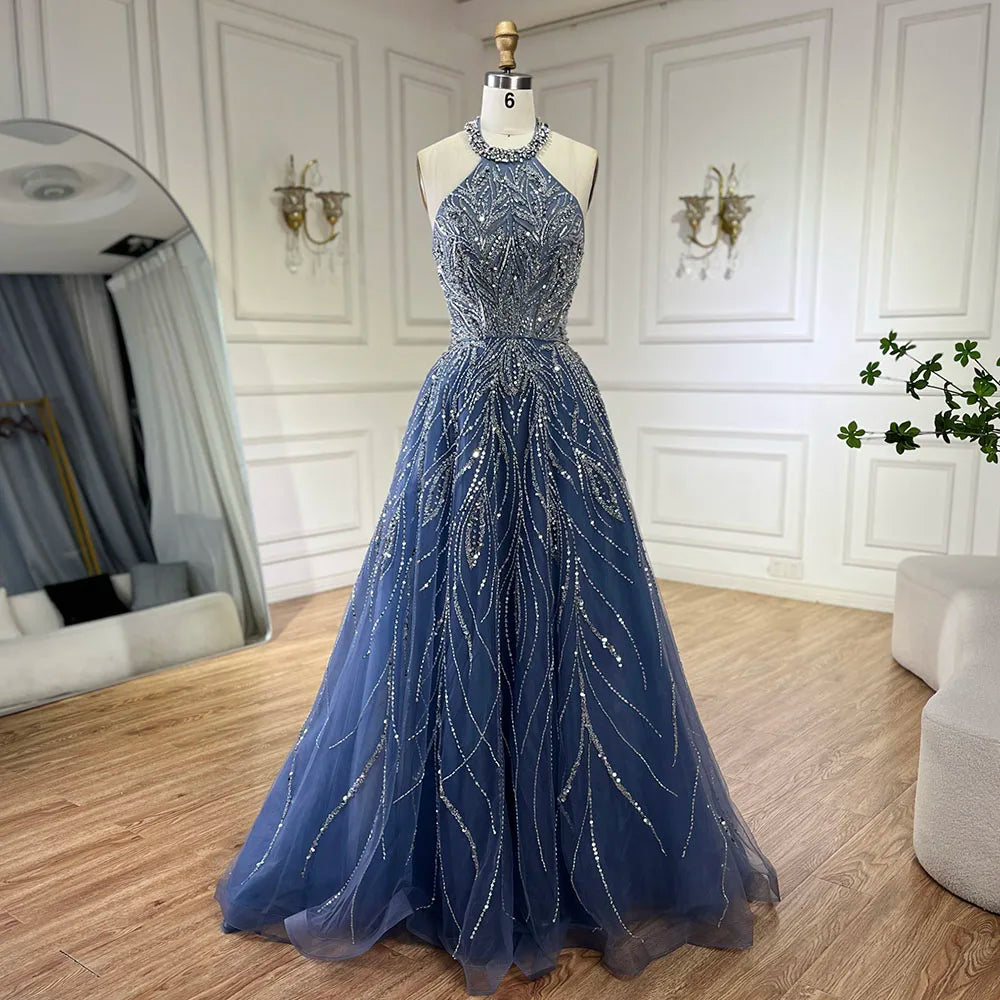 Elegant Blue Arabic A-Line Halter Gown - Luxury Dubai Evening Dress for Women | Wedding, Party & Special Occasion Wear | 2025 Fashion LA72302