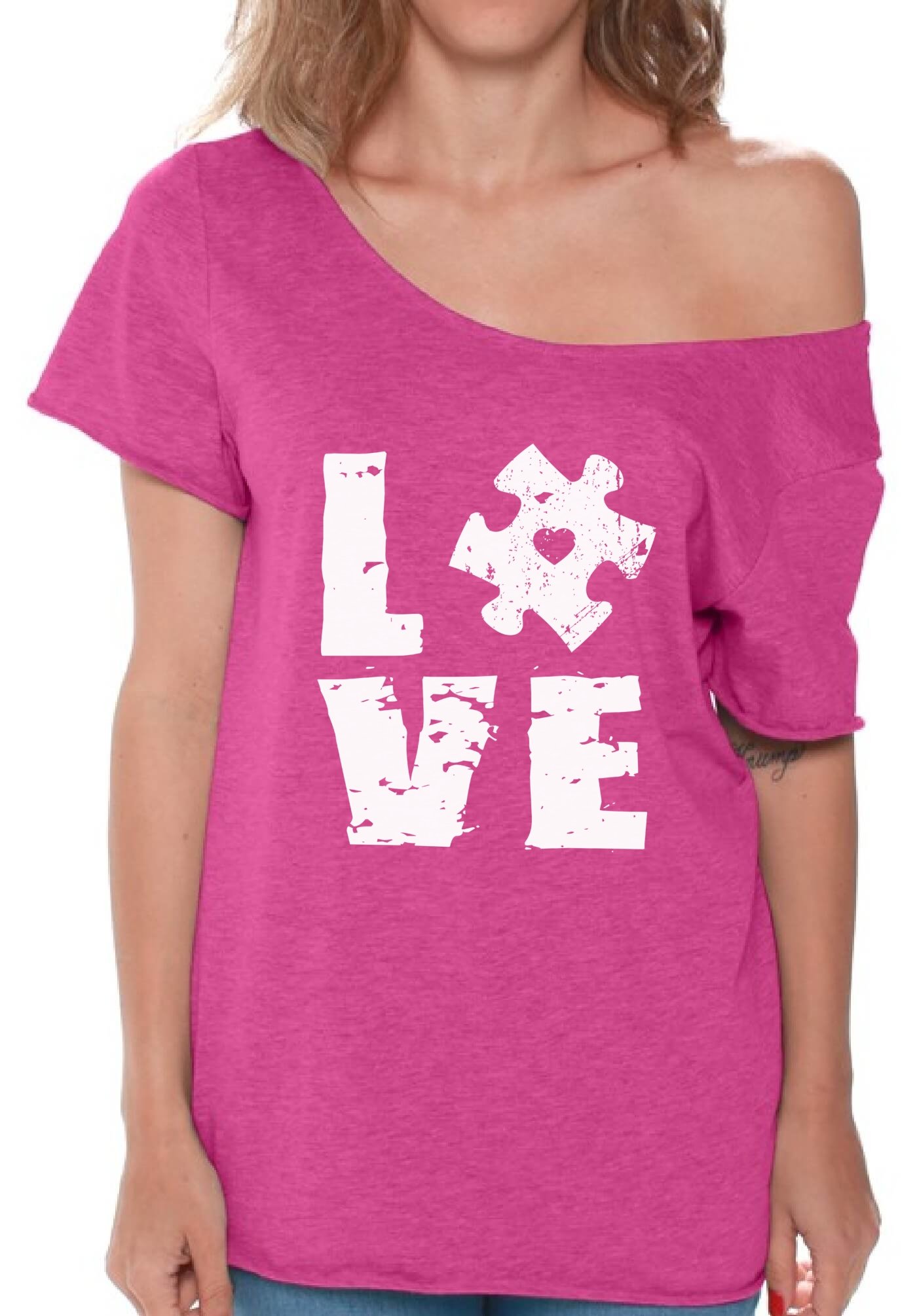 Autism Awareness Off Shoulder T-Shirts - Puzzle Print Autism Support Gifts for Women & Men - Perfect for Fundraisers, Awareness Events & Daily Wear