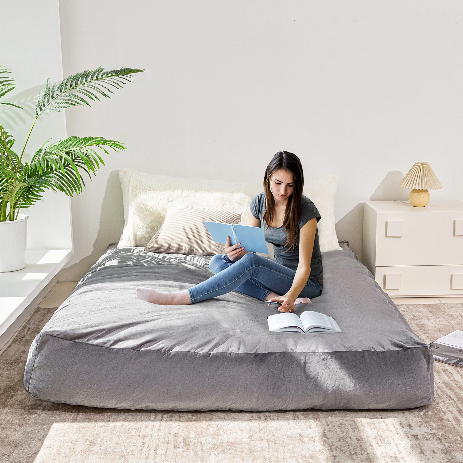 MAXYOYO Velvet Bean Bag Bed with Faux Fur Removable Cover - Convertible Bean Bag Chair to Bed for Living Room & Bedroom (Beige) - Perfect for Lounging, Gaming & Small Space Living
