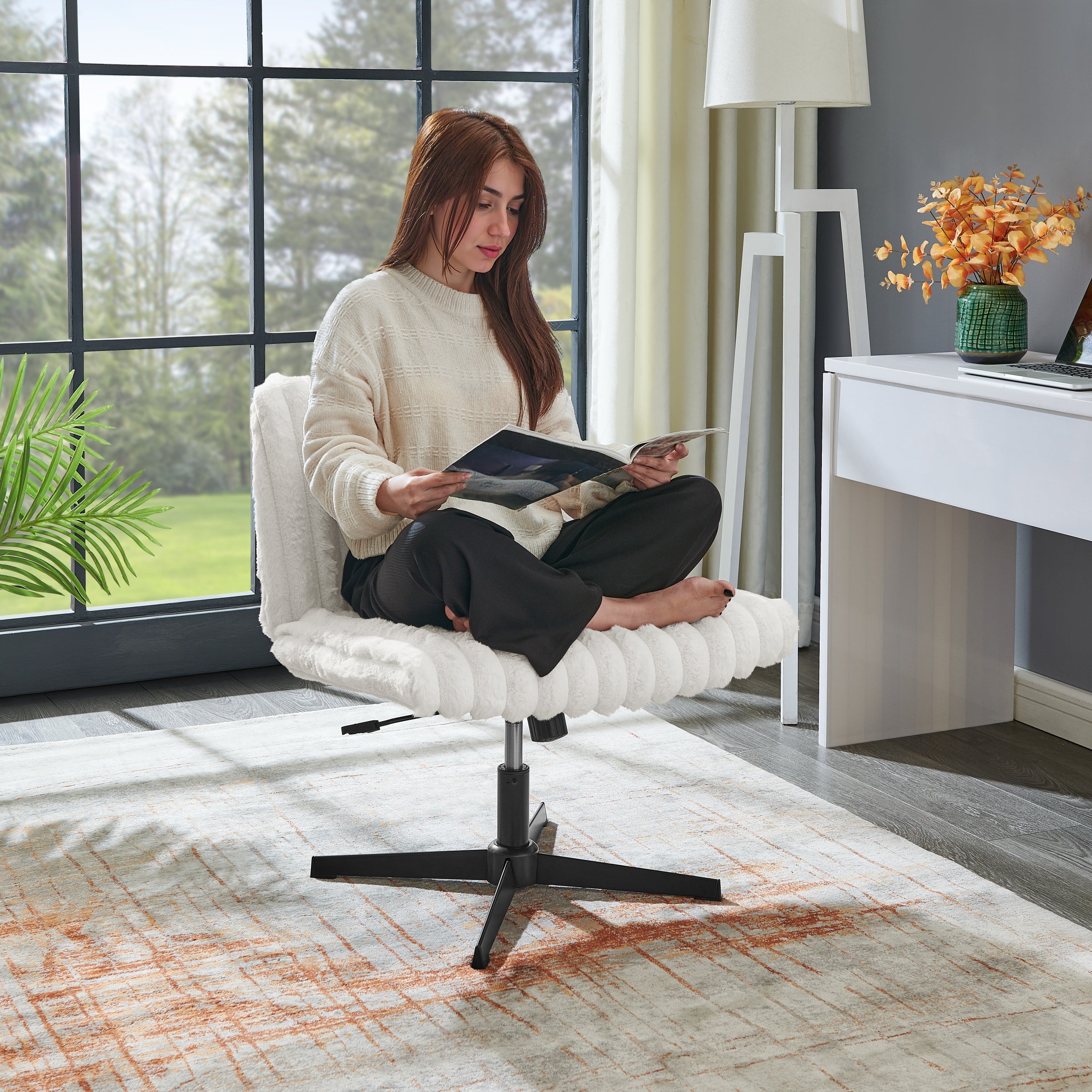 Roundhill Blynn Adjustable Swivel Criss Cross Chair - Wide Seat Ergonomic Office Chair with Lumbar Support, Vanity Makeup Chair for Home & Office Workspace, Study Desk, Dressing Table and Beauty Salon