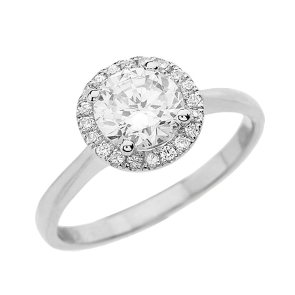 10K White Gold Solitaire CZ Halo Engagement Ring for Women - Elegant Cubic Zirconia Wedding Proposal Ring, Anniversary Gift, Promise Ring for Her