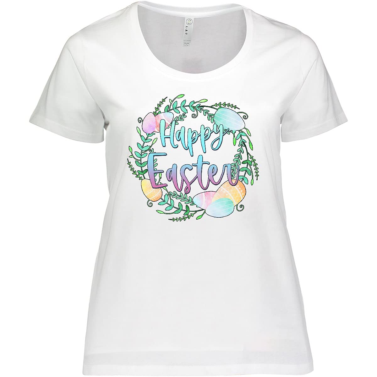 Inktastic Happy Easter Pastel Egg Wreath with Laurels Women's Plus Size T-Shirt - Cute Spring Holiday Tee for Church, Egg Hunts & Family Gatherings