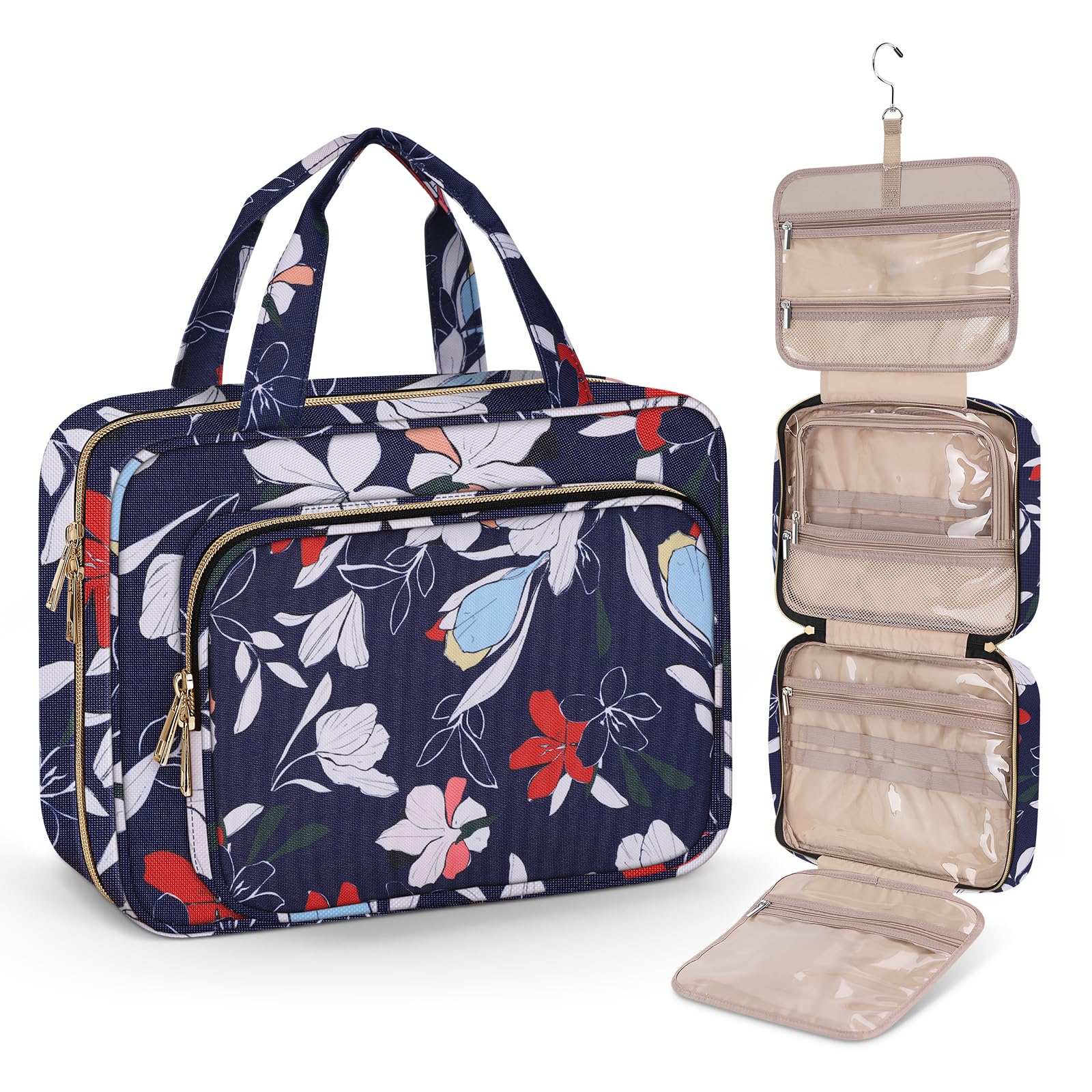 Wedama Large Waterproof Hanging Toiletry Bag for Women - Travel Cosmetic Organizer with PVC Material for Bathroom, Business Trips & Camping (Blue White Floral) | Perfect for Gym, Vacation & Weekend Getaways