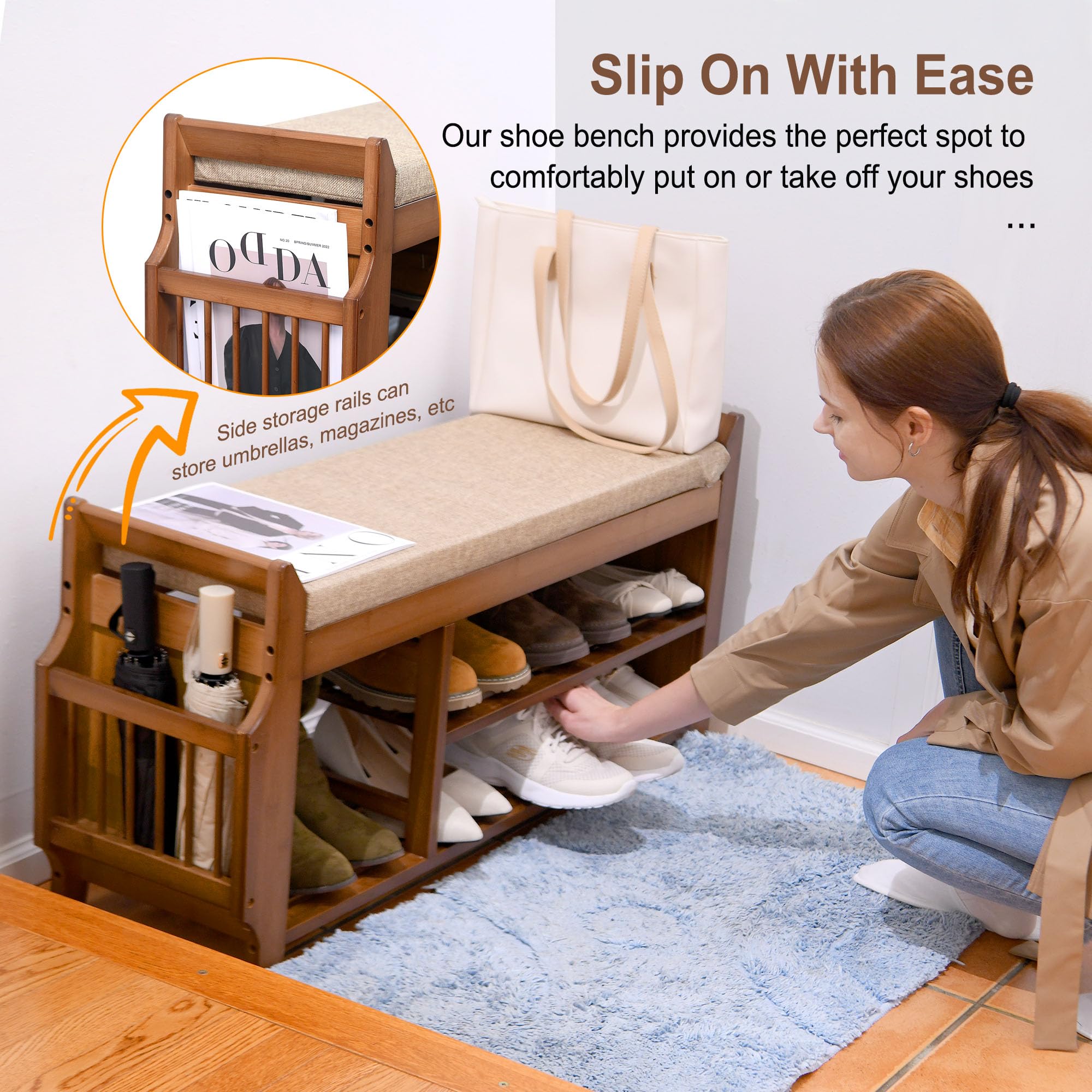 39.4 Inch Bamboo Shoe Bench with Hidden Storage Drawer & Side Holder - 2-Tier Entryway Storage Bench with Cushion for Hallway, Living Room, Bedroom | Perfect for Small Space Organization & Shoe Storage Solutions