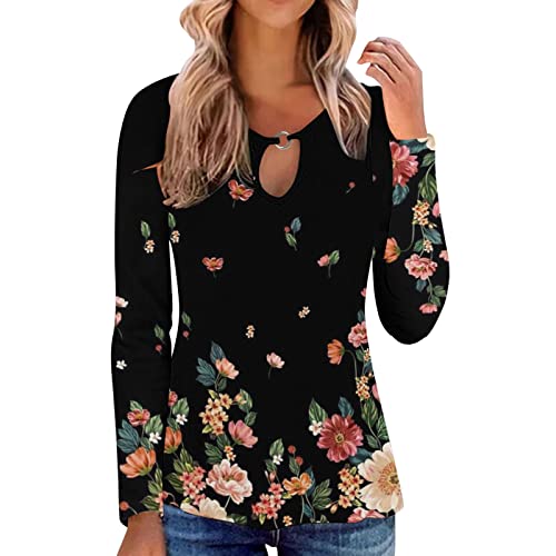 Women's Summer Casual T-Shirts - Floral Feather Print Hollow Out Crew Neck Long Sleeve Blouse Tops (Black, Medium) | Perfect for Beach Vacations, Outdoor Activities & Daily Wear