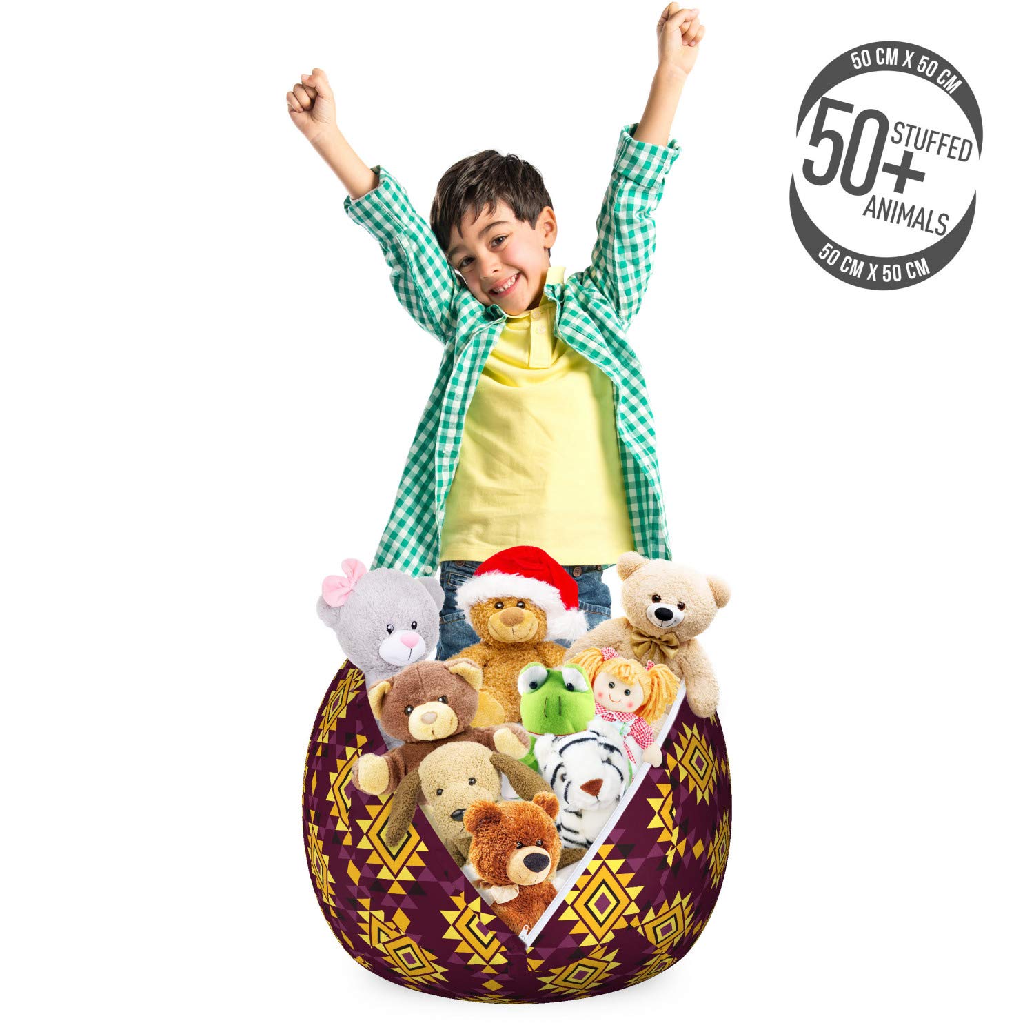 Ambesonne Ethnic Storage Toy Bag Chair - Funky Triangle Folk Pattern, Washable Stuffed Animal Organizer, Small Size in Maroon & Earth Yellow - Perfect for Kids' Room, Nursery, Playroom & Toy Storage