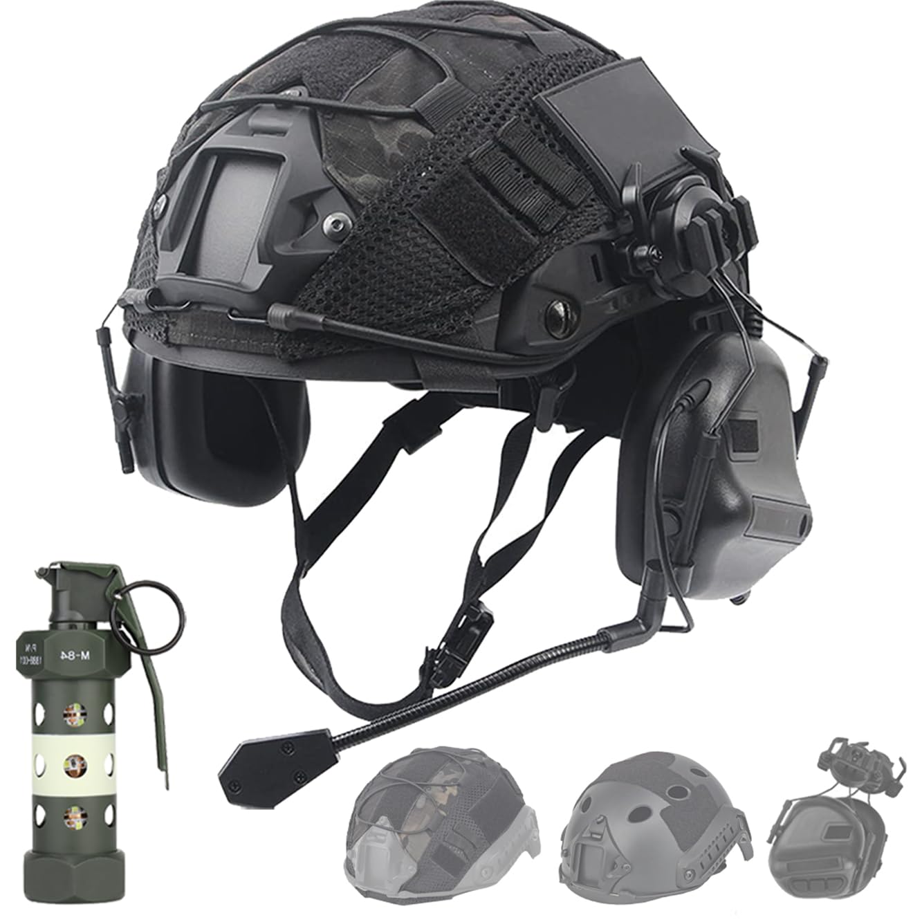 Tactical Paintball & Airsoft Fast PJ Helmet Set with Headset, Helmet Cover, Dummy Flashbang & LED Light - Perfect for Hunting, CQB, CS & Military Simulation Games