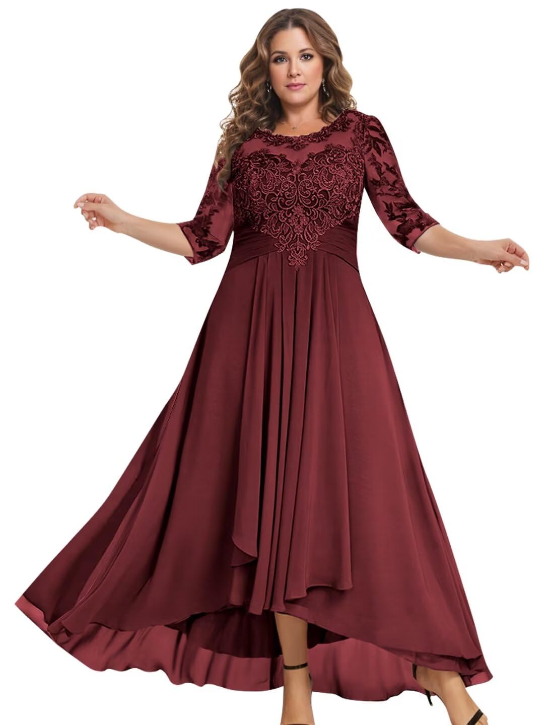 Elegant Tea-Length Mother of the Bride Dress with 3/4 Sleeve Lace & Chiffon - Formal Wedding Guest Gown for Special Occasions - Perfect for Weddings, Receptions & Evening Events