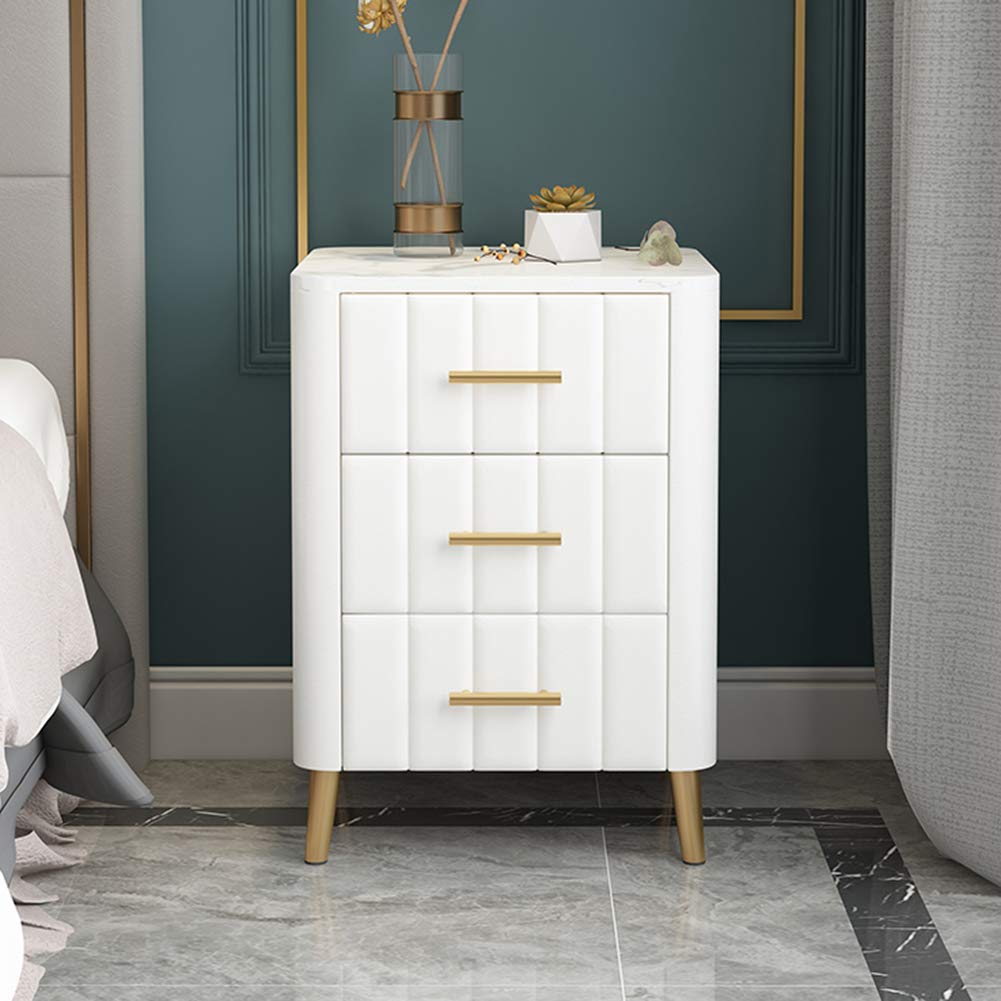 White Marble Top 3-Drawer Nightstand with Metal Handles - Modern Bedside Table for Bedroom, Home Office & Hallway Storage | Compact Chest of Drawers for Small Spaces & Apartment Living