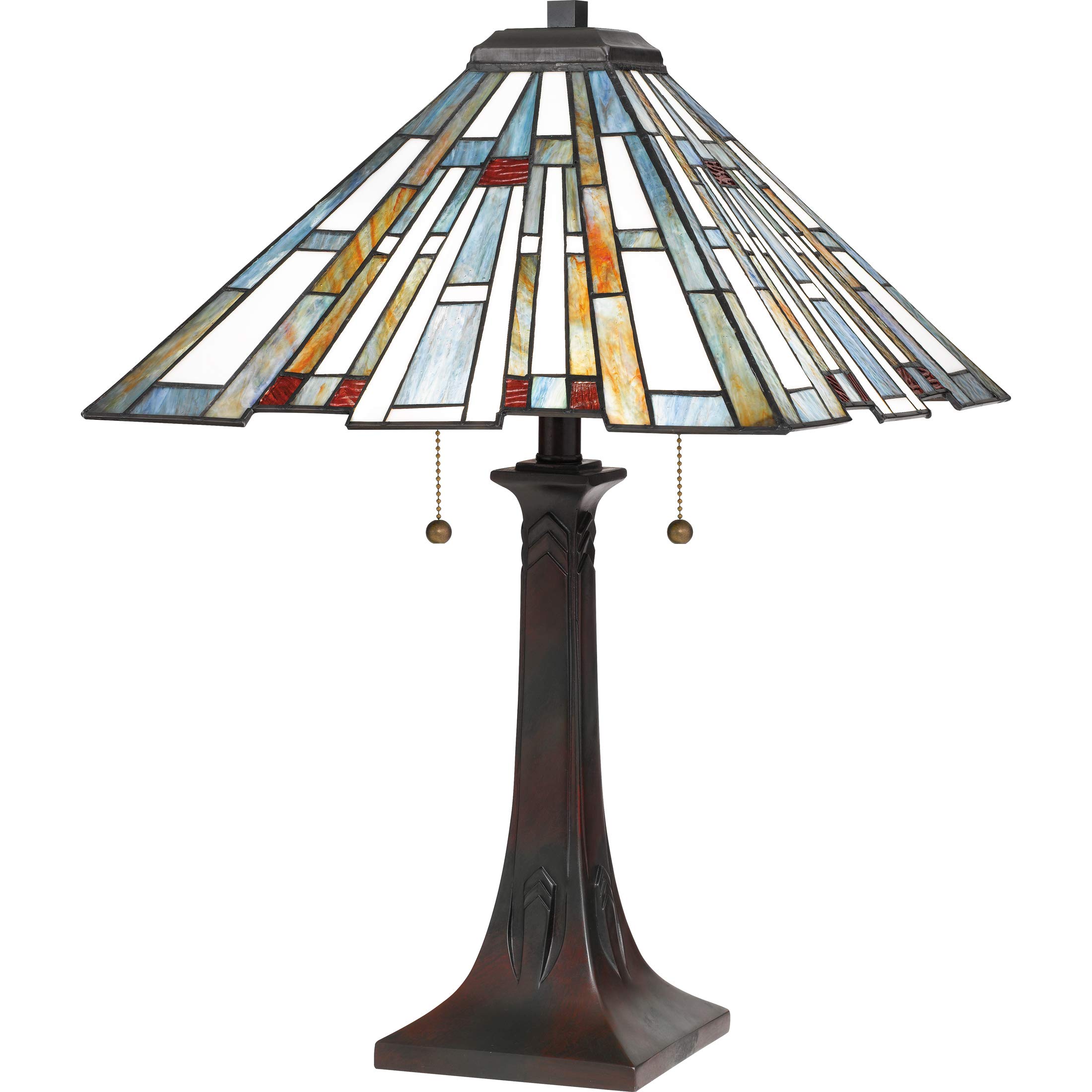 Quoizel Maybeck 2-Light Valiant Bronze Table Lamp with Tiffany Style Stained Glass Shade | Handcrafted Art Glass Desk Lamp | Durable Resin Traditional Lighting | Elegant Reading Lamp for Living Room, Bedroom & Office Decor