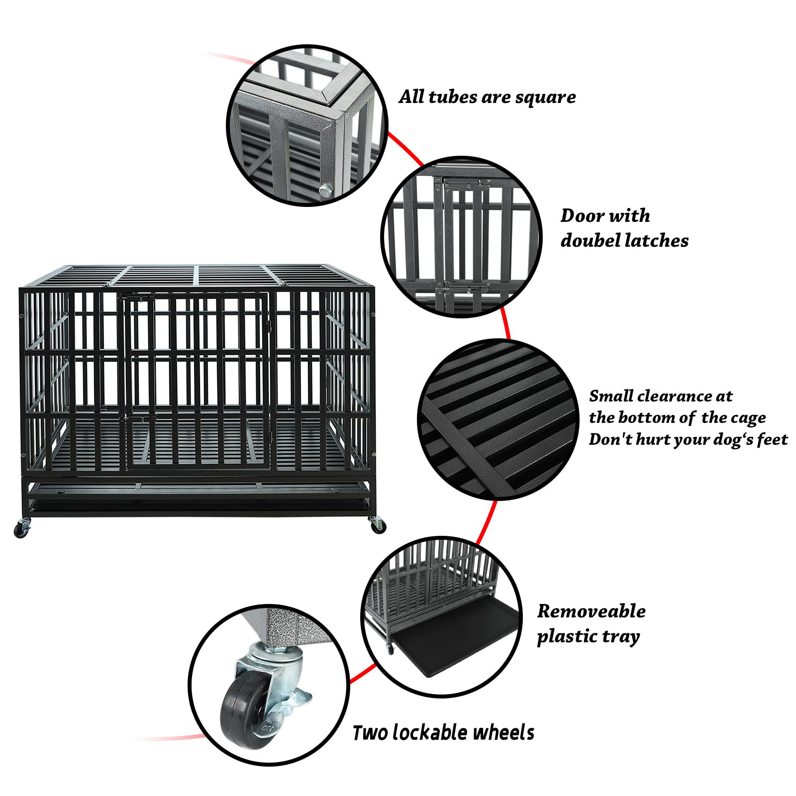 Confote 47-Inch Heavy Duty Dog Kennel - Strong Metal Dog Cage & Pet Crate for Medium & Large Breeds with 4 Lockable Wheels & Removable Tray | Indoor/Outdoor Use, Travel, Home Security, Vet Visits & Training