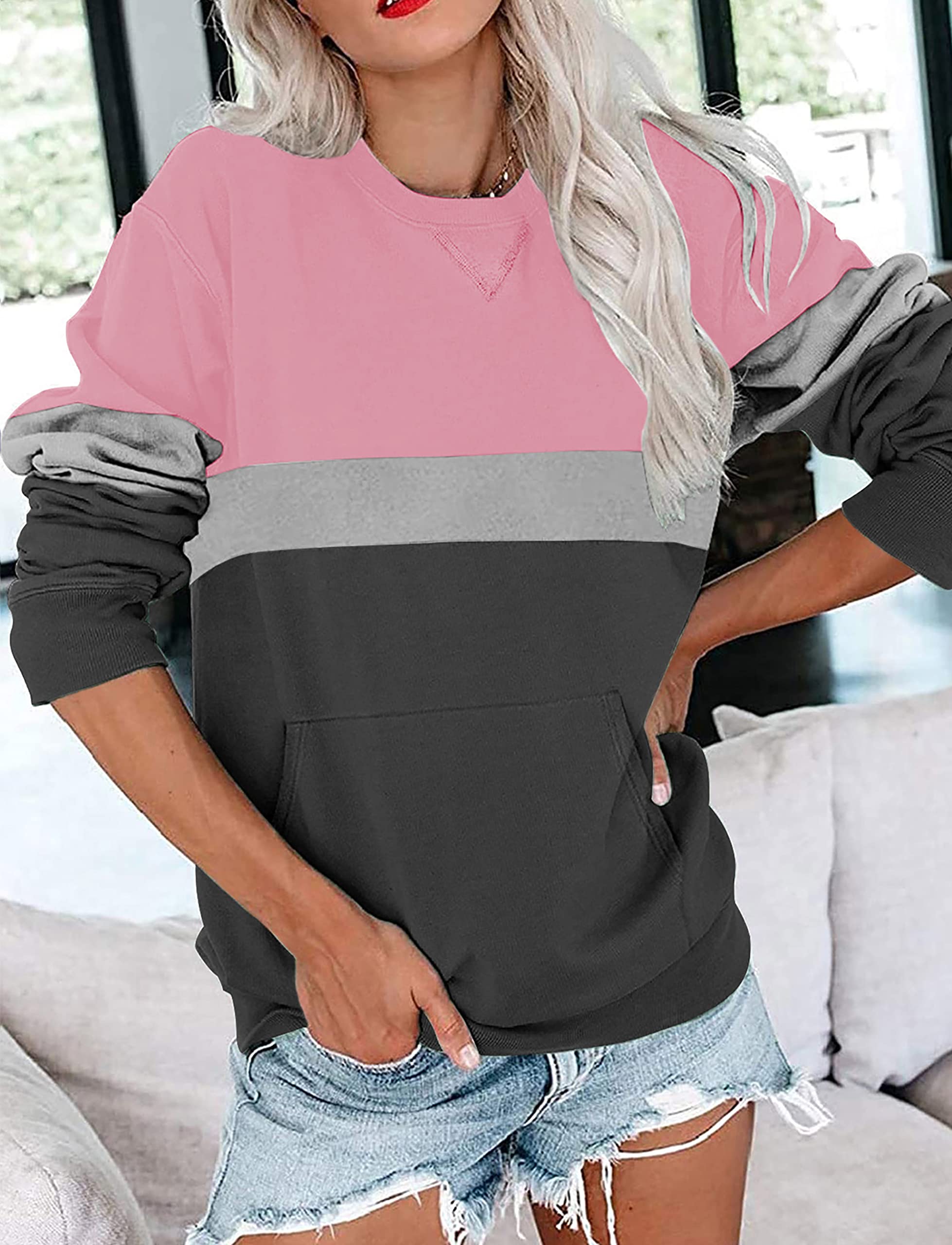Women's Long Sleeve Crewneck Sweatshirt - Casual Solid Pullover with Pocket | Loose Fit Comfortable Sweater for Everyday Wear, Lounge & Outdoor Activities