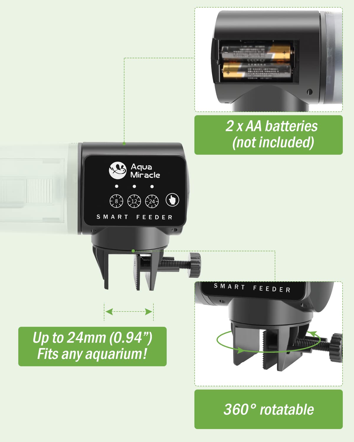 AquaMiracle Automatic Fish Feeder with Timer - Adjustable Food Dispenser for Aquarium Pellets, Granules & Flakes | Perfect Vacation & Weekend Fish Food Feeder for Freshwater & Saltwater Tanks