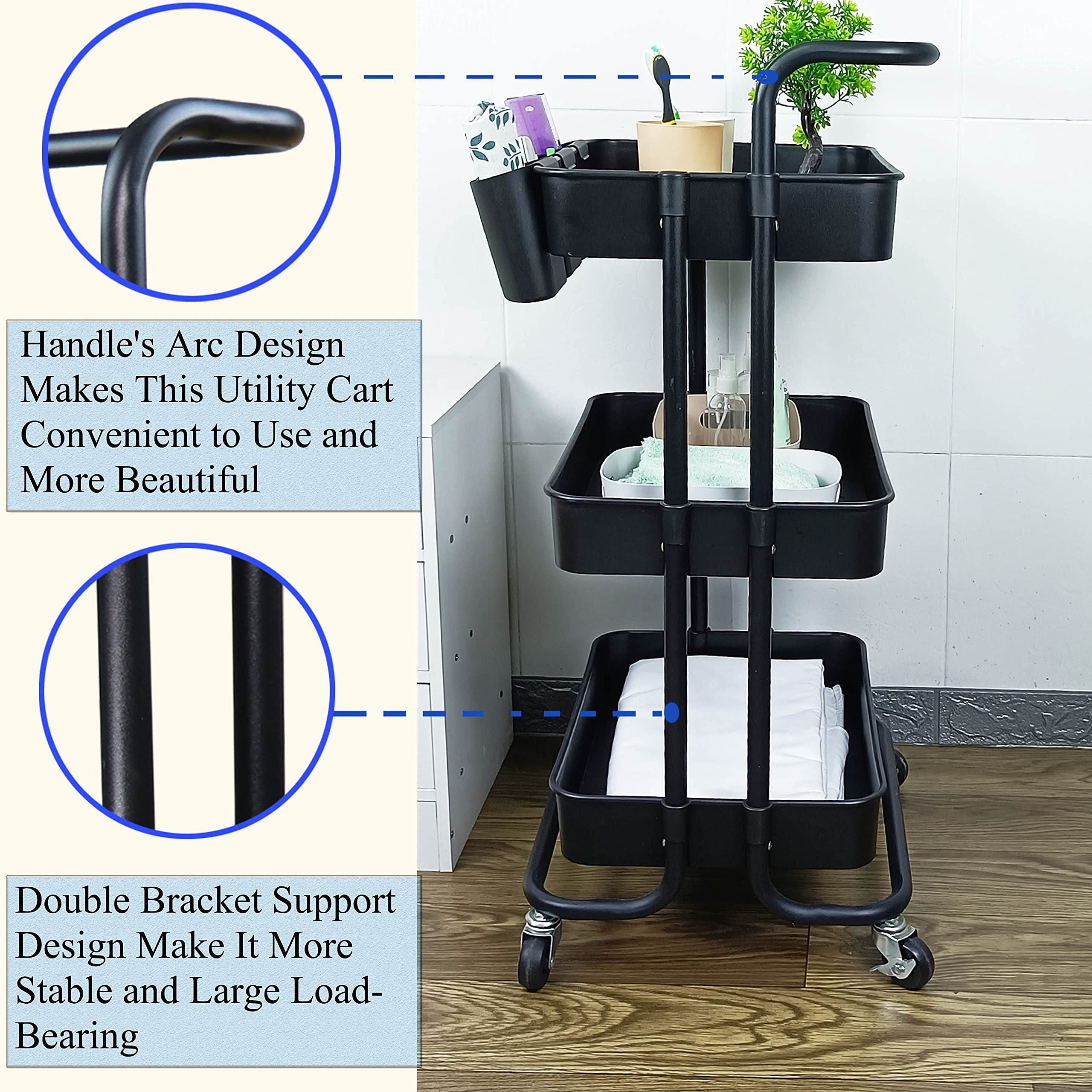 3-Tier Rolling Utility Cart with 3 Hanging Cups, 8 Hooks & 2 Storage Boxes - Mobile Organizer Shelf for Kitchen, Bathroom, Office & Home - Perfect for Storing Cleaning Supplies, Toiletries or Office Essentials (Black)