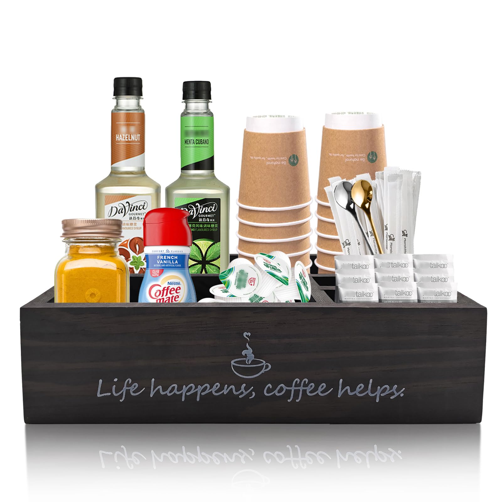 Wooden Coffee Station Organizer - Farmhouse Style Coffee Pod Holder & Bar Accessories for Kitchen Countertop, Office, Living Room | Perfect for Home Decor, Coffee Table Display & Buffet Table Organization (Black)