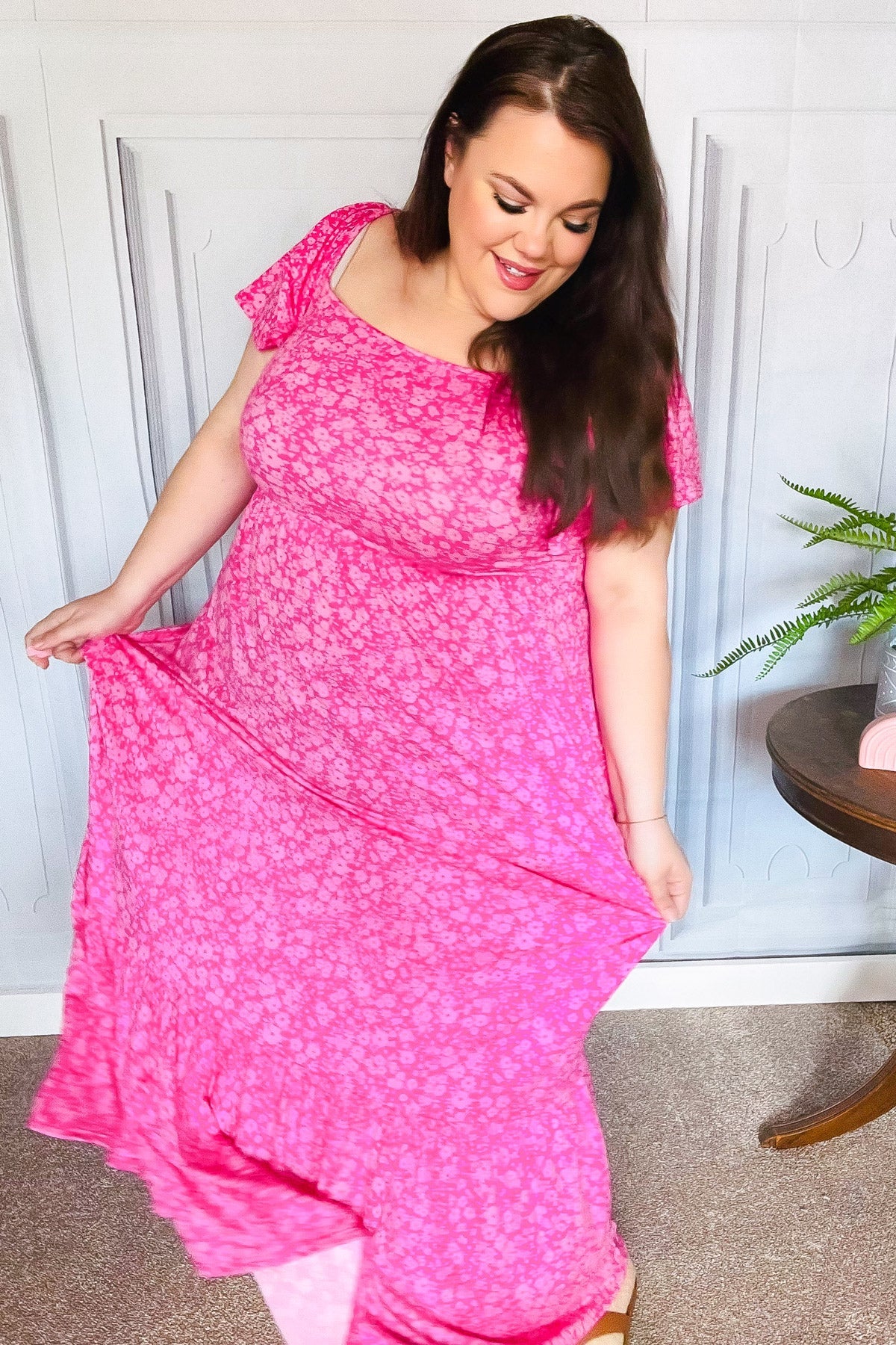 Perfectly You Fuchsia Ditzy Floral Fit & Flare Maxi Dress - Women's Summer Boho Beach Dress for Vacation, Wedding Guest & Outdoor Parties