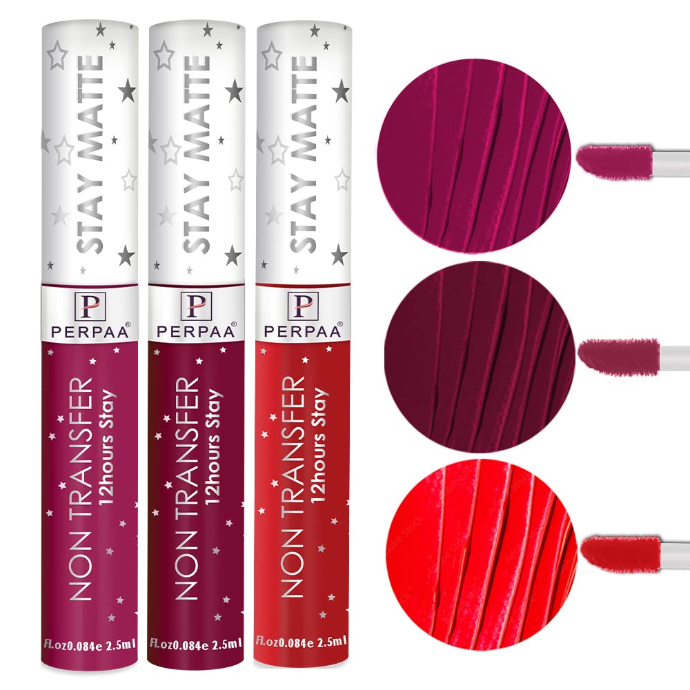PERPAA® Star Matte Liquid Lipstick Set of 3 - Long Lasting, Waterproof & Smudge Proof (Cherry Red, Neon Red, Electric Pink) 2.5ml Each | Vegan Cruelty-Free Makeup for Parties, Date Night & Special Occasions