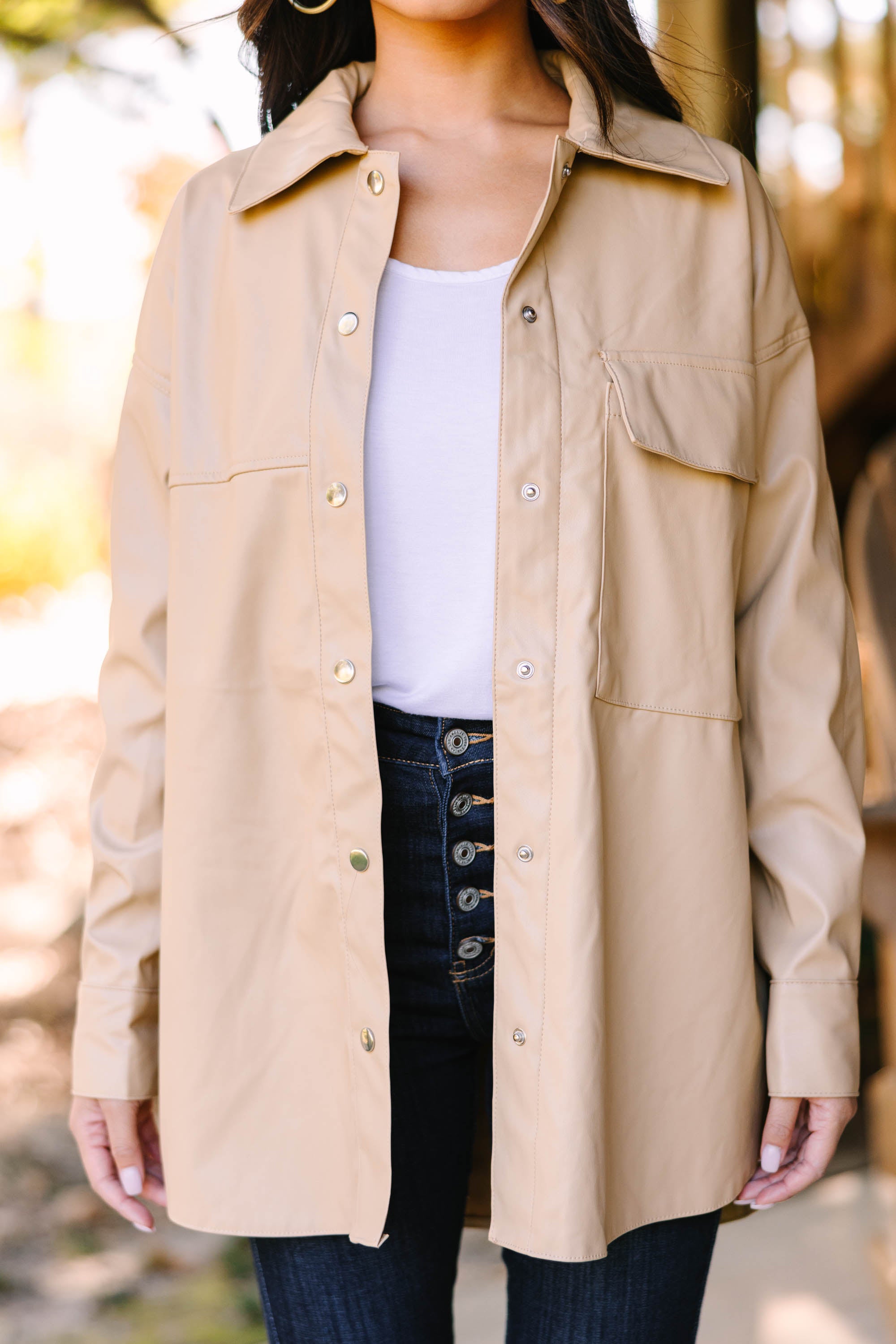 Khaki Brown Faux Leather Shacket for Women - Stylish Jacket Coat with Button Front & Pockets - Perfect for Fall, Winter & Casual Outfits