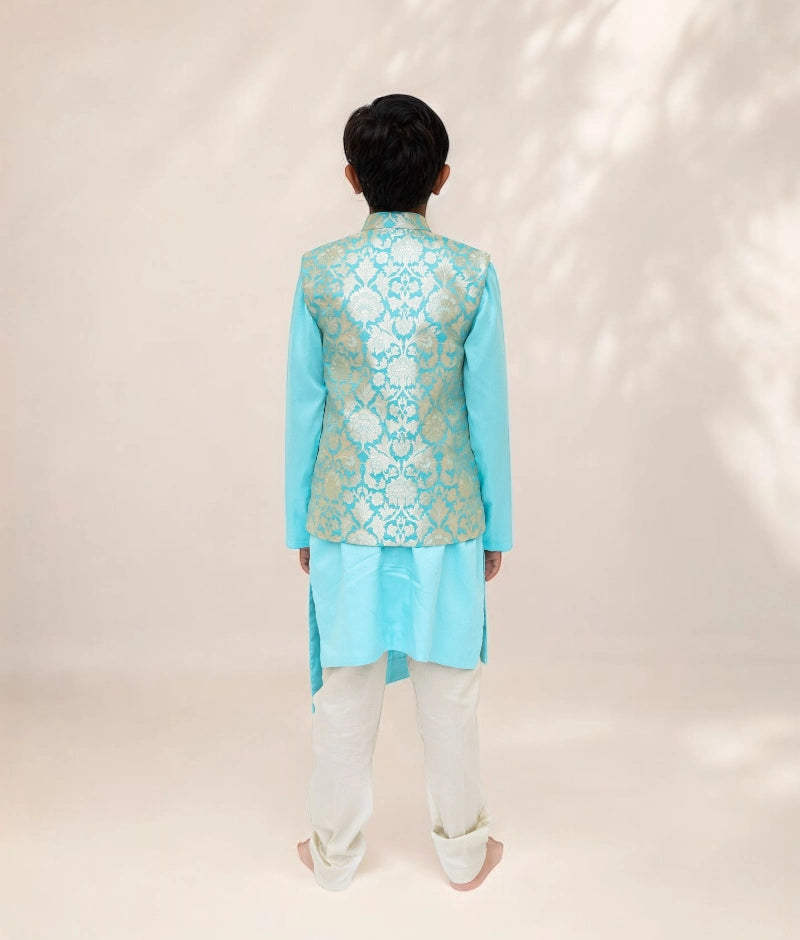 Pre Order: Elegant Blue Brocade Jacket with Kurta & Pant Set - Traditional Indian Outfit for Weddings & Festive Occasions