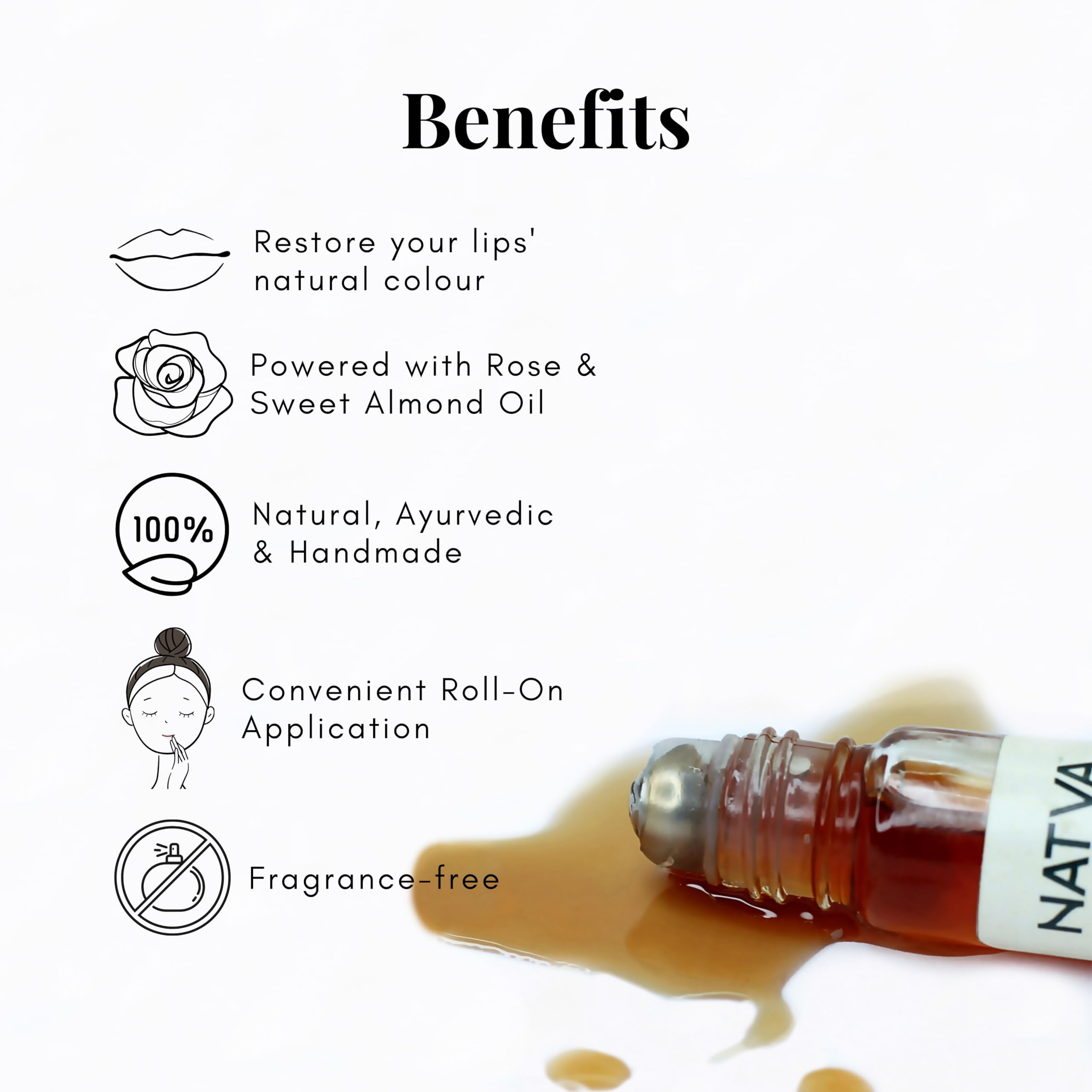 NATVA Lip Serum Roll On for Dark & Pigmented Lips - 10ml | 100% Natural with Pure Rose & Almond Oil | Hydrating & Lightening Treatment for Women & Men | Perfect for Daily Lip Care & Nighttime Repair