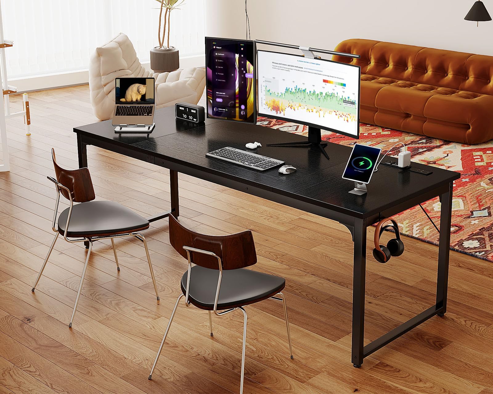 Coleshome 71 Inch Large Computer Desk with USB Ports - Sturdy Office Desk & Study Table for Home, Gaming, Workstation | Black Modern Writing Desk for Students & Professionals