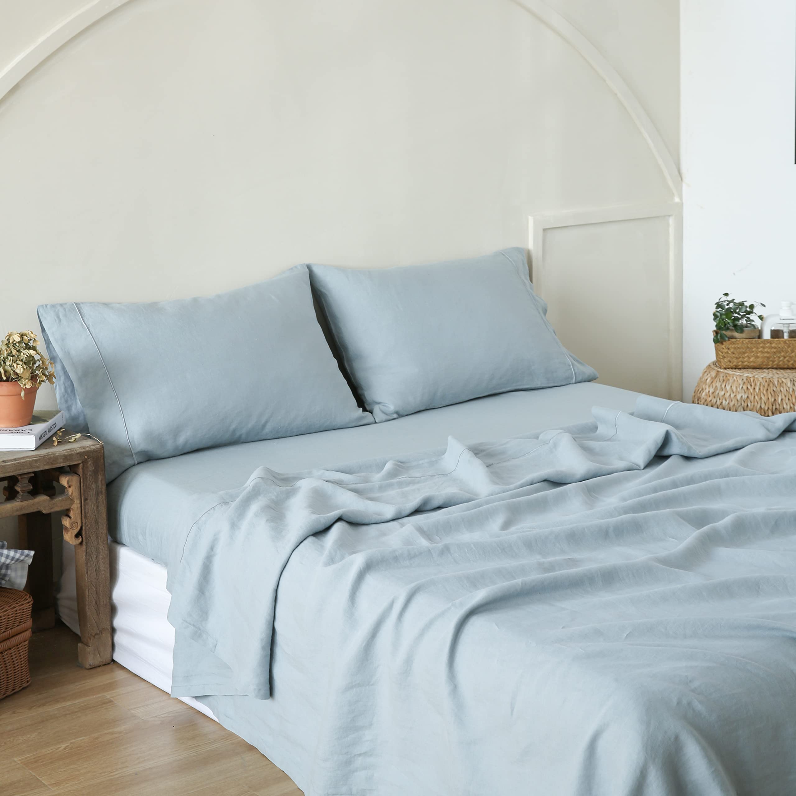 Luxury 100% Pure Linen Sheet Set King Size - Natural French Flax, Breathable Washed Bedding (4pc: 1 Flat Sheet, 1 Fitted Sheet, 2 Pillowcases) - Farmhouse Style, Dusty Blue Embroidery | Perfect for Hot Sleepers, Summer Nights & Eco-Friendly Home Decor