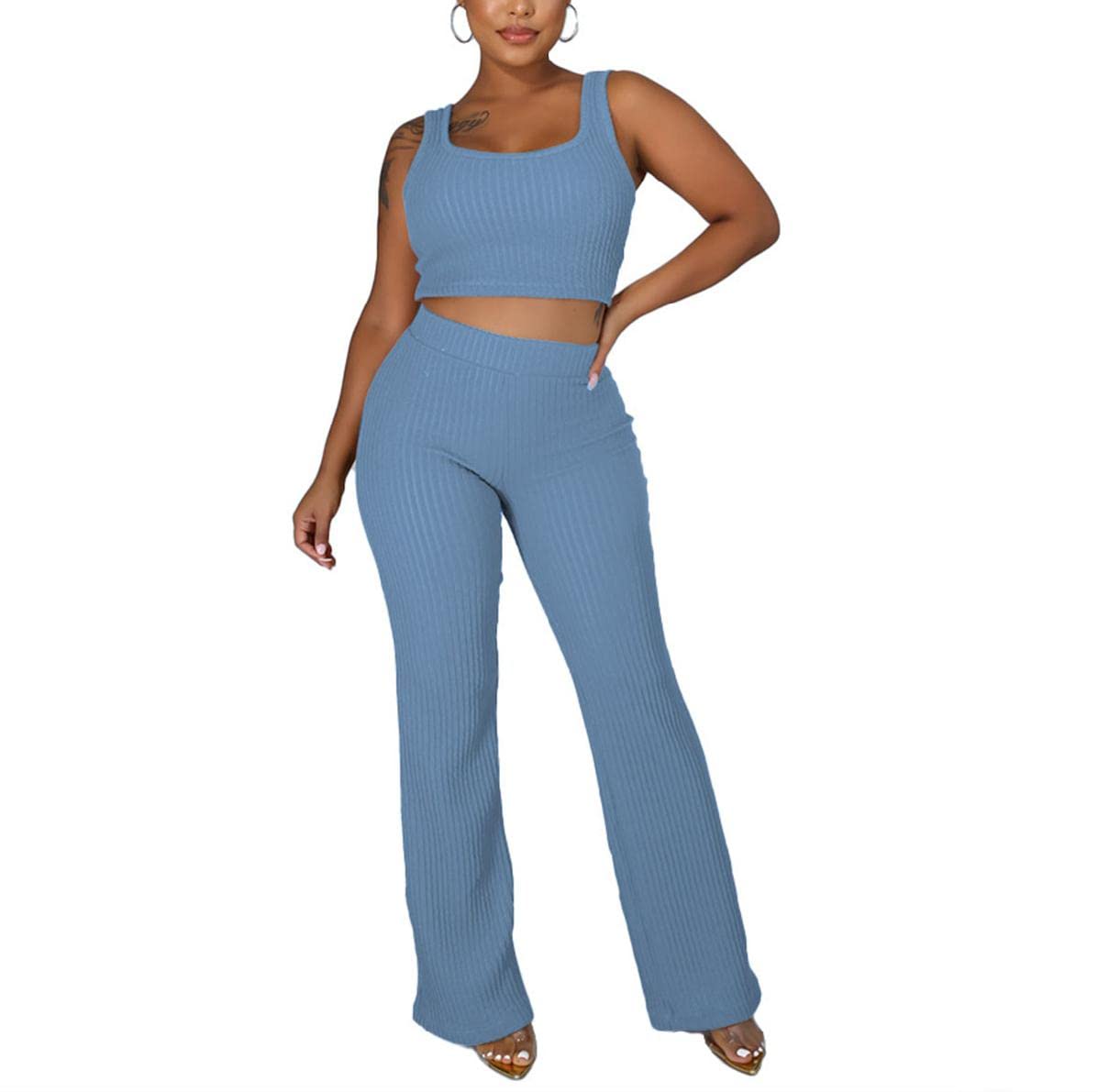 Women's 2 Piece Casual Outfit Set - Sleeveless Crop Top & High Waist Lounge Pants | Summer Athleisure Wear for Yoga, Gym, Running & Street Fashion