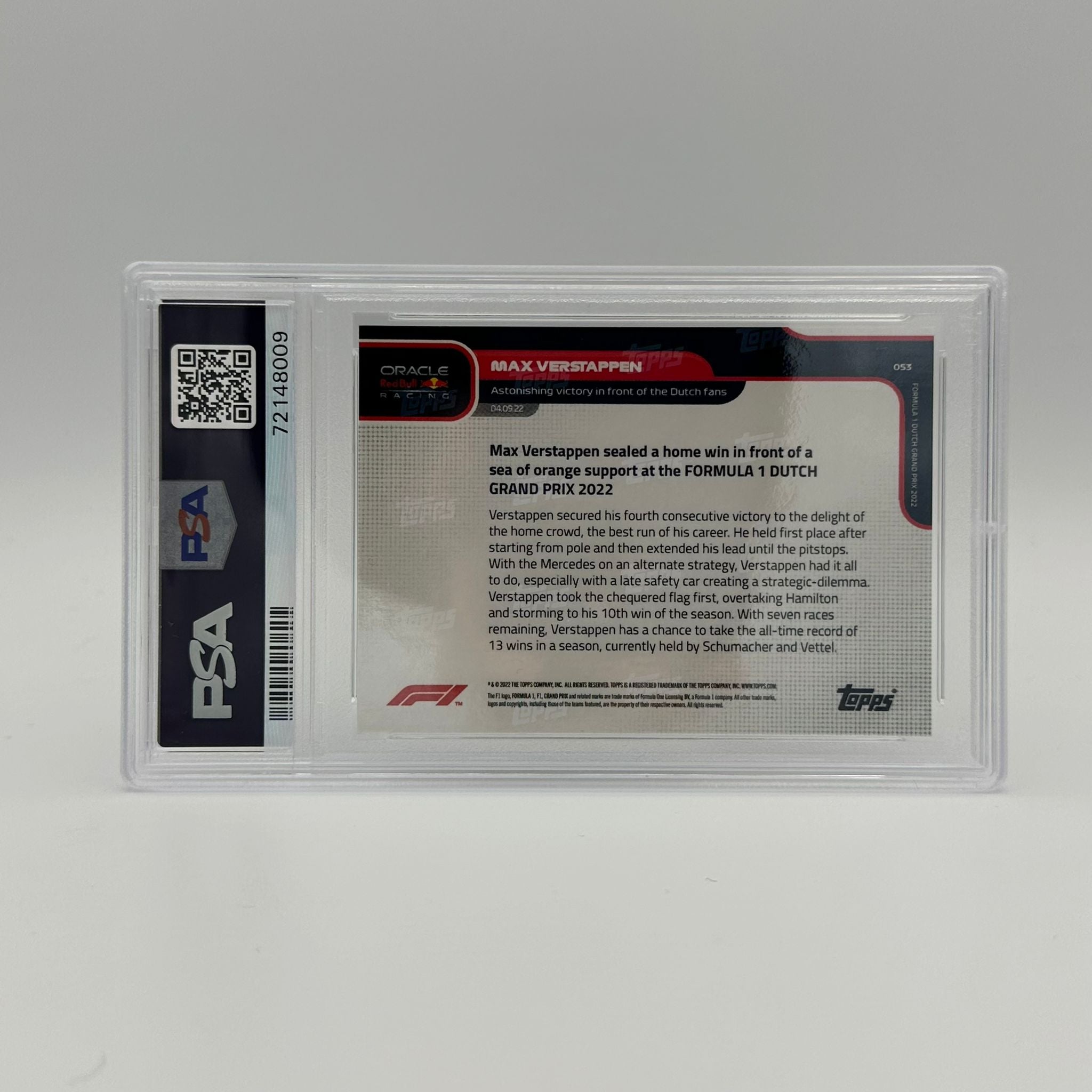 PSA 8 Graded 57/99 Max Verstappen Racing Card - Astonishing Finish Dutch GP Limited Edition #53 | F1 Collectible Memorabilia for Fans & Sports Card Investors