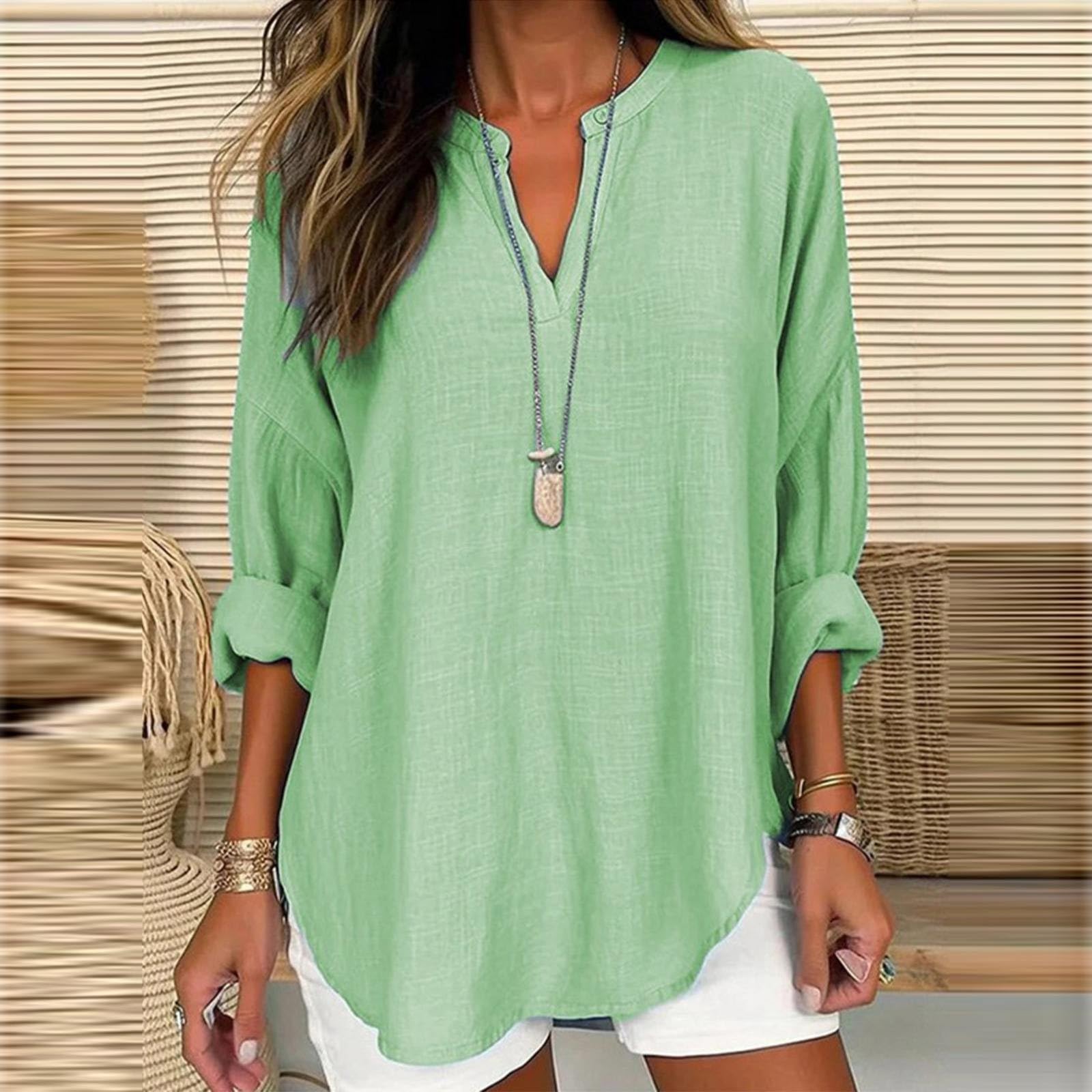Women's Floral Printed V-Neck Long Sleeve Cotton T-Shirt - Casual Basic Tee for Everyday Wear, Work & Outfits