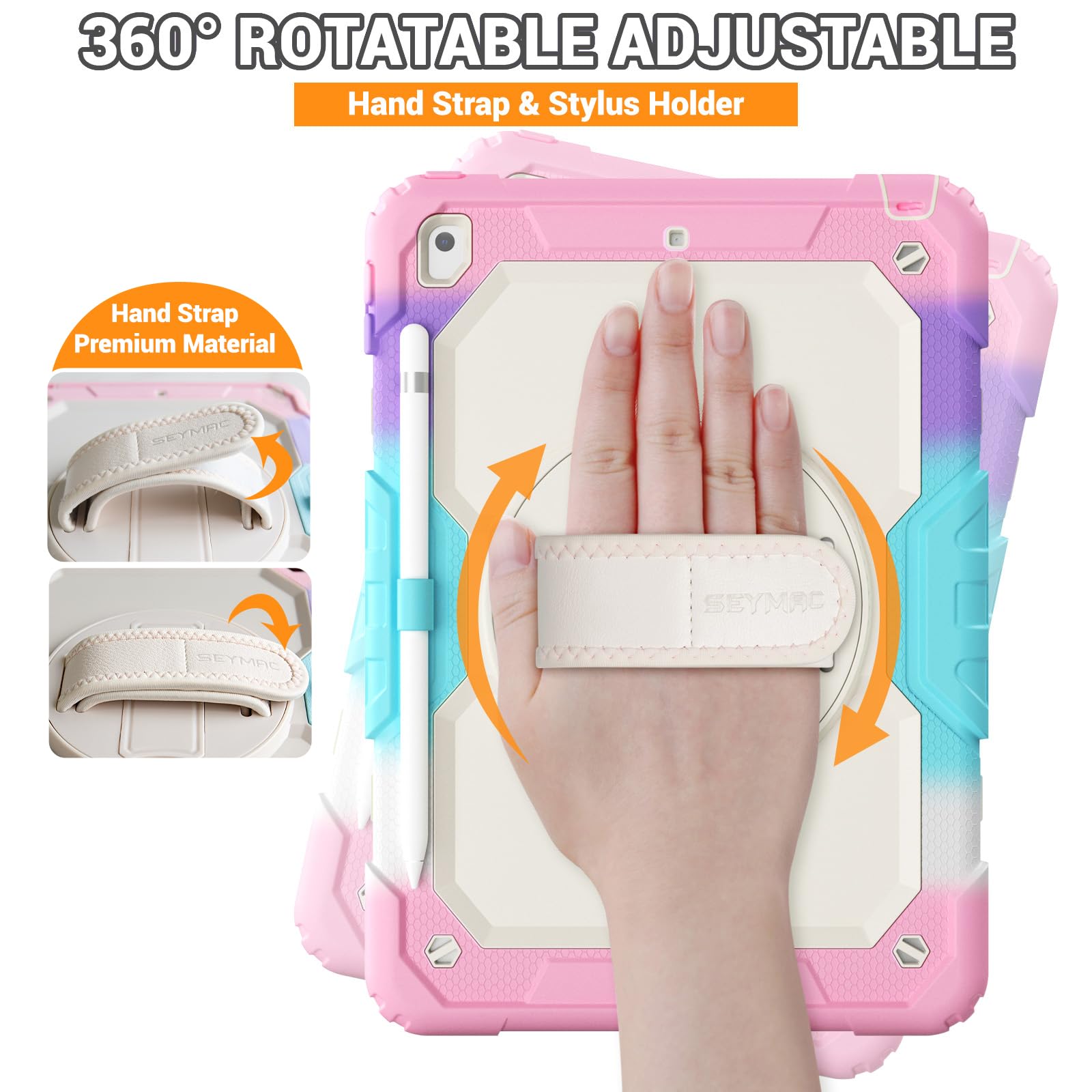 SEYMAC Shockproof Kids Case for iPad 9th/8th/7th Gen 10.2 Inch - Heavy Duty Protective Cover with Screen Protector, Rotating Stand, Handle & Shoulder Strap - Perfect for School, Travel & Learning (Pink)