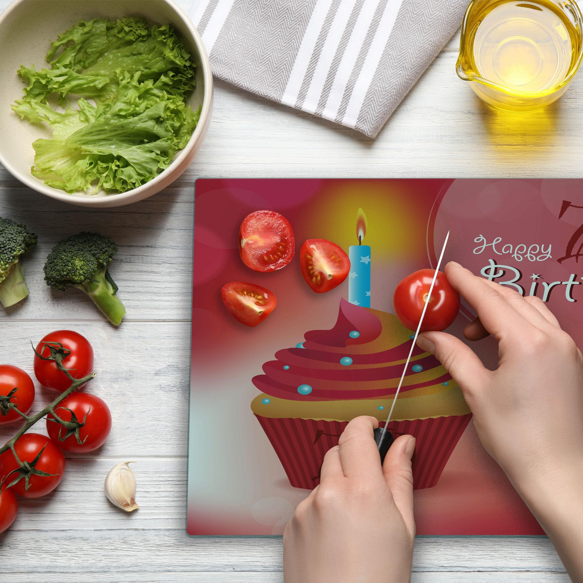 Ambesonne 70th Birthday Cutting Board - Abstract Sun Beams Design with Party Cupcake - Tempered Glass Serving Tray for Cheese, Charcuterie & Appetizers - Large Decorative Board in Red & Orange - Perfect for Birthday Parties & Kitchen Decor
